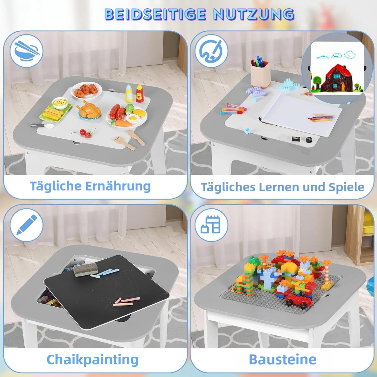 TLGREEN Kindertisch 4-in-1 Multifunktionstisch Set mit 2 Stühlen (Doppelseitenplatte (Maltisch/Bauplatte) und Stauraum, Kindermöbel für Kinderzimmer, Stauraum), – Bild 5 von 5