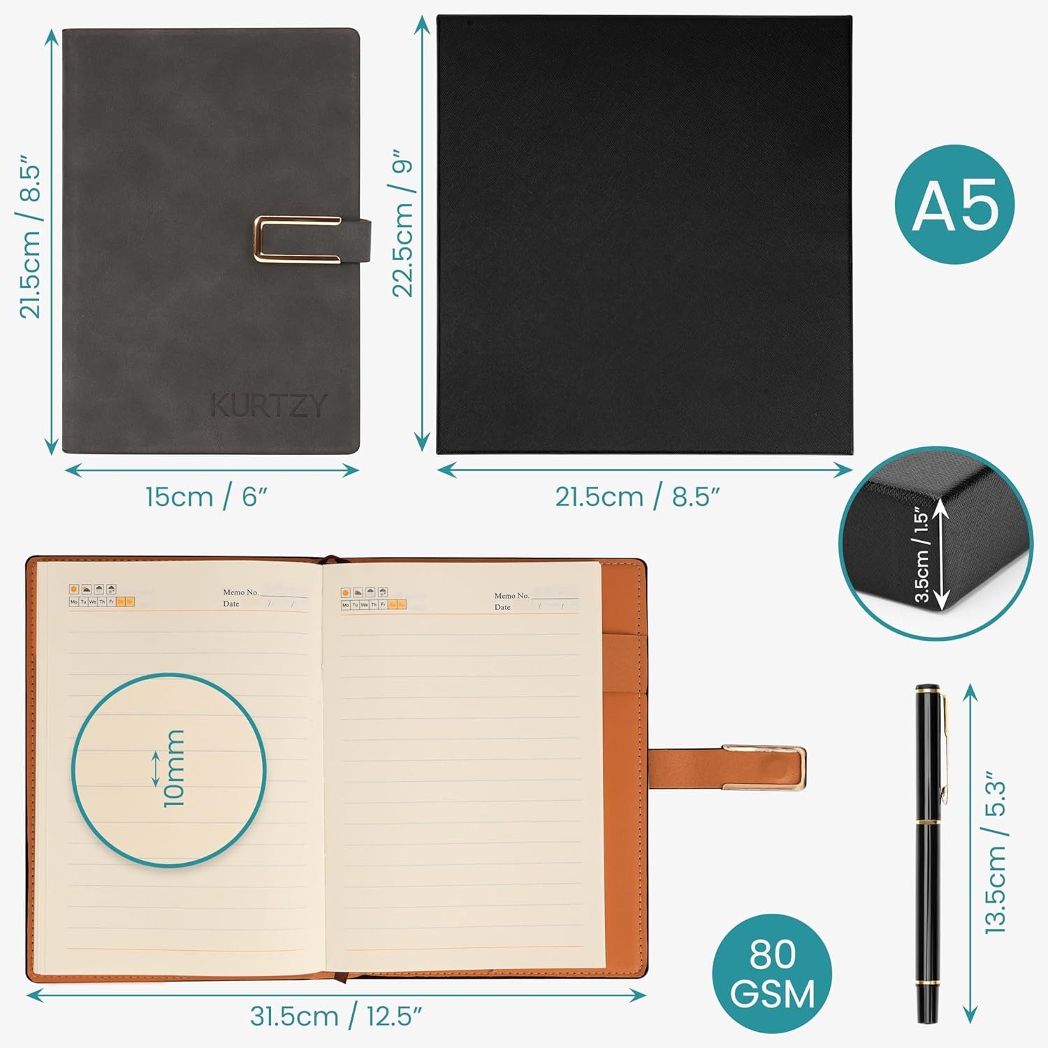 Kurtzy Notizbuch Kurtzy Notizbuch A5 PU-Leder mit Stift, nachfüllbar, dunkelgrau