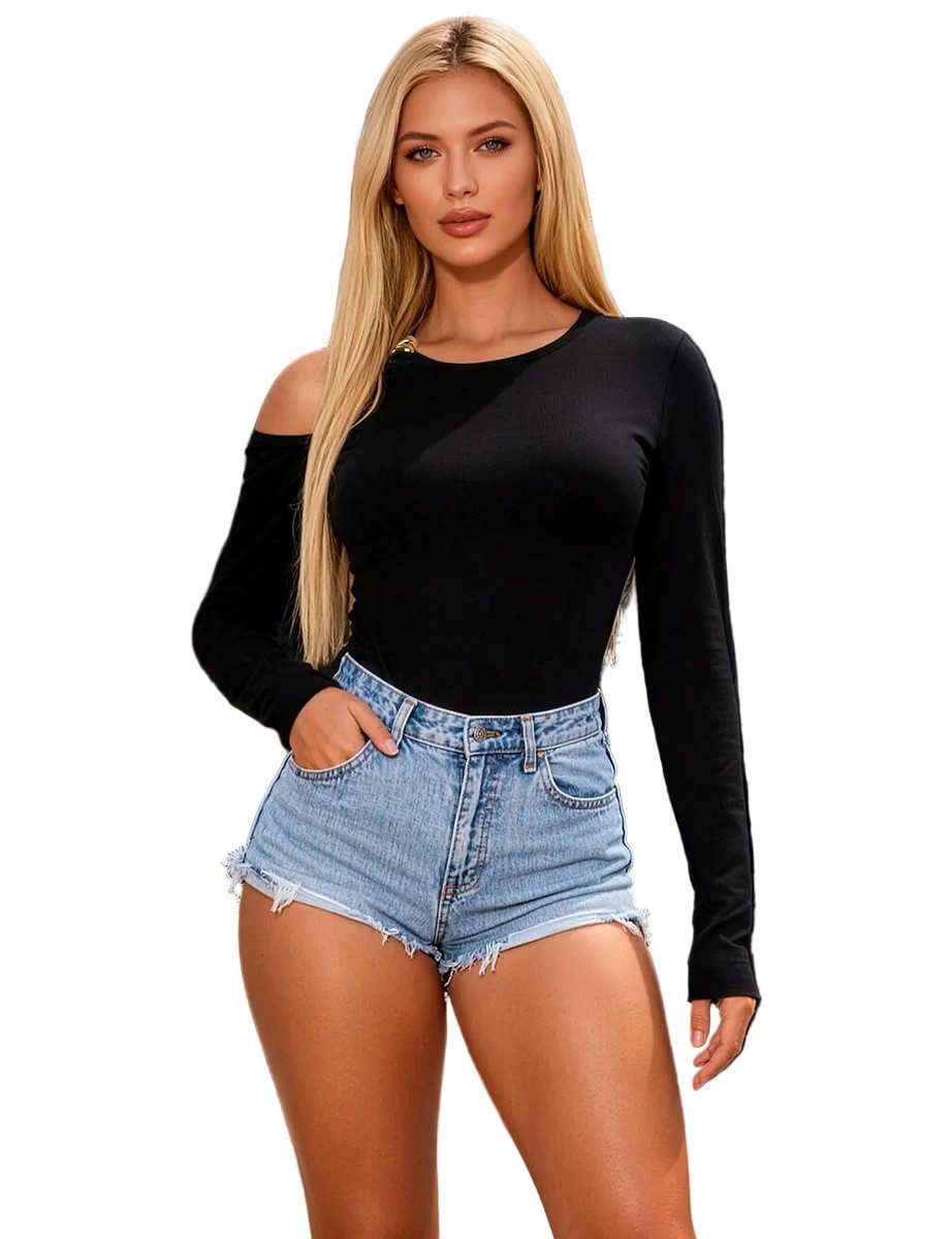 Lau-Fashion Langarmbody Body in Schwarz mit Off-Shoulder-Ausschnitt und figurbetonter Passform Off-Shoulder