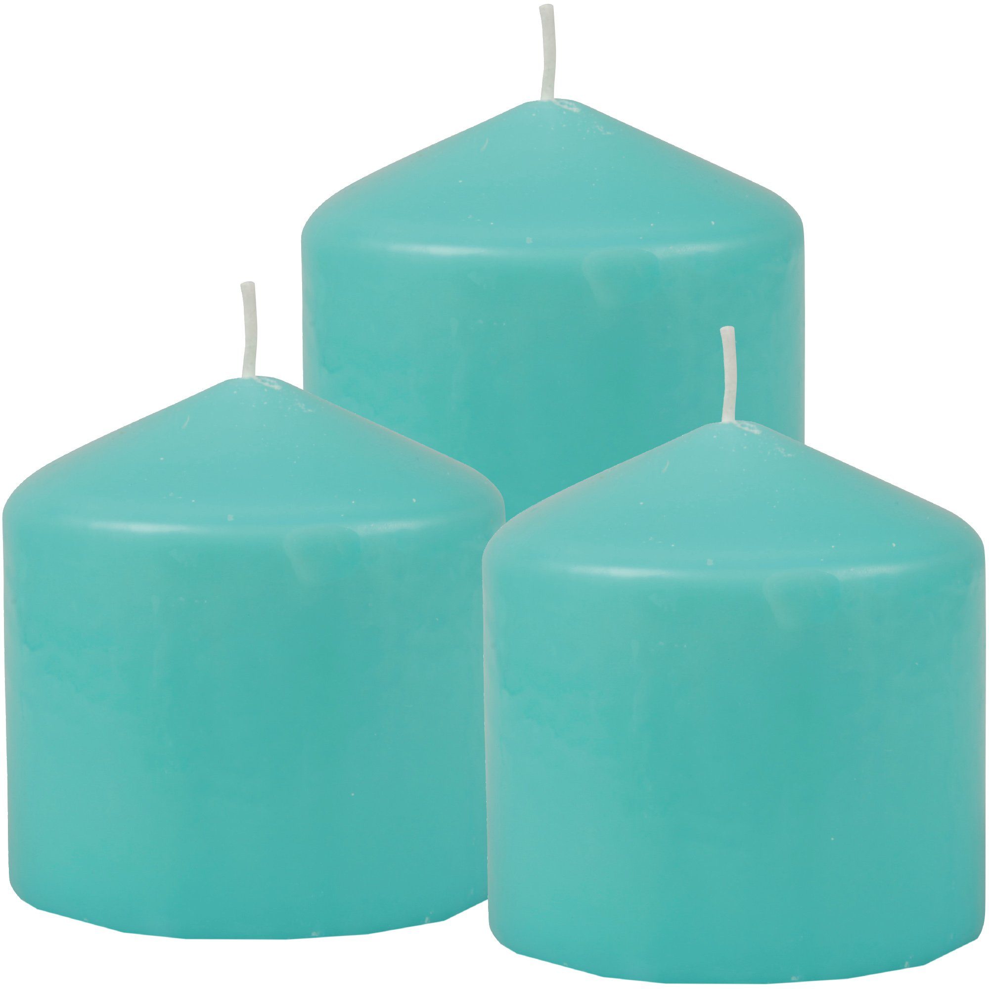 HS Candle Stumpenkerze Blockkerze (3-tlg), Wachskerzen Ø8cm x 8cm - Kerze in vielen Farben Türkis