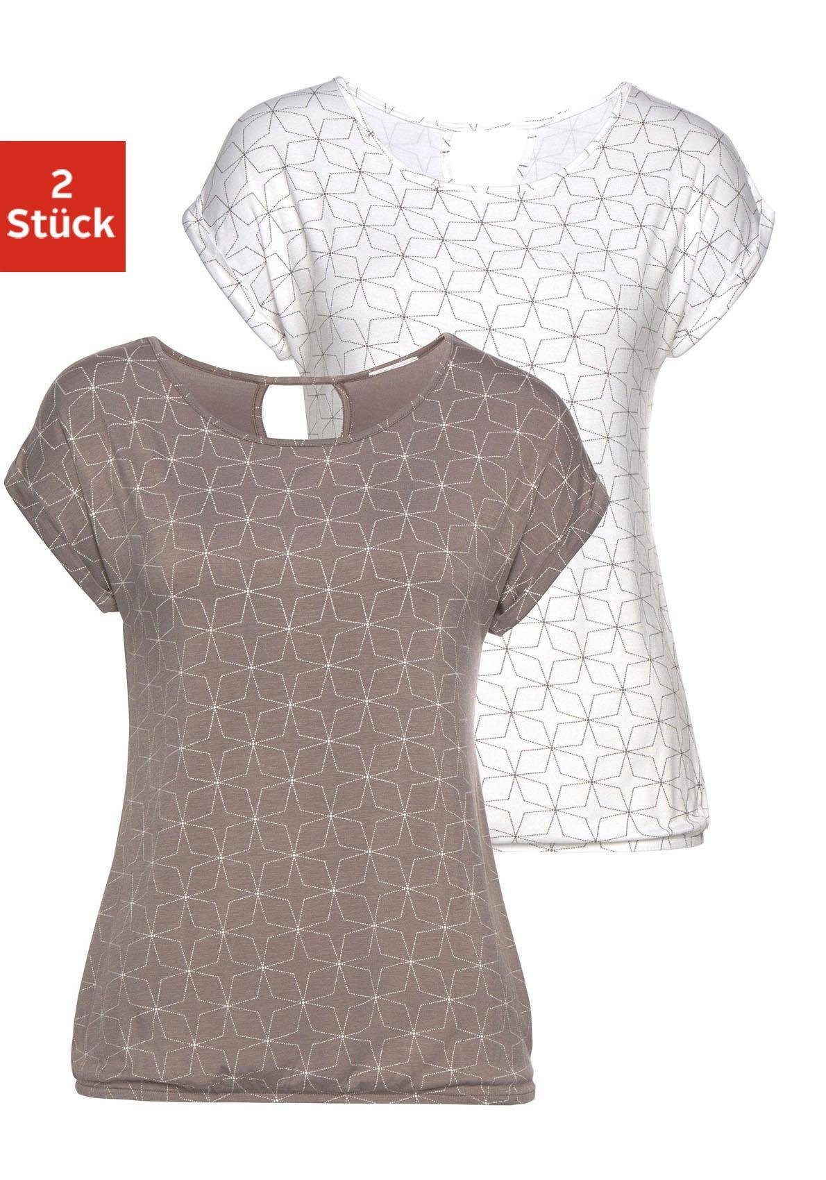 taupe, mit Nacken im (2er-Pack) kleinem T-Shirt LASCANA weiß Cut-Out