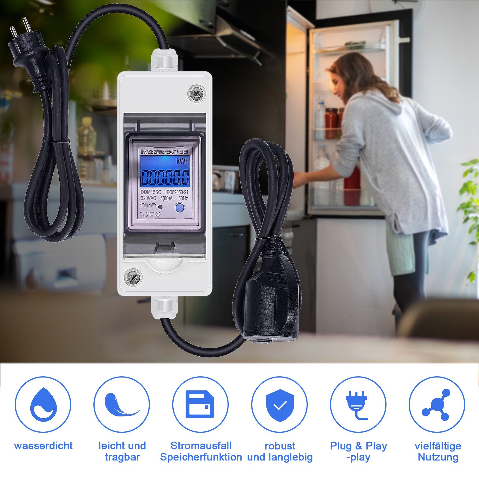 TWSOUL Energiekostenmessgerät Mobiler digitaler Stromzähler, IP65 Stromverbrauchsmessgerät, mit Kabel LED Reset, für Wohnmobil, Elektroauto, Zuhause