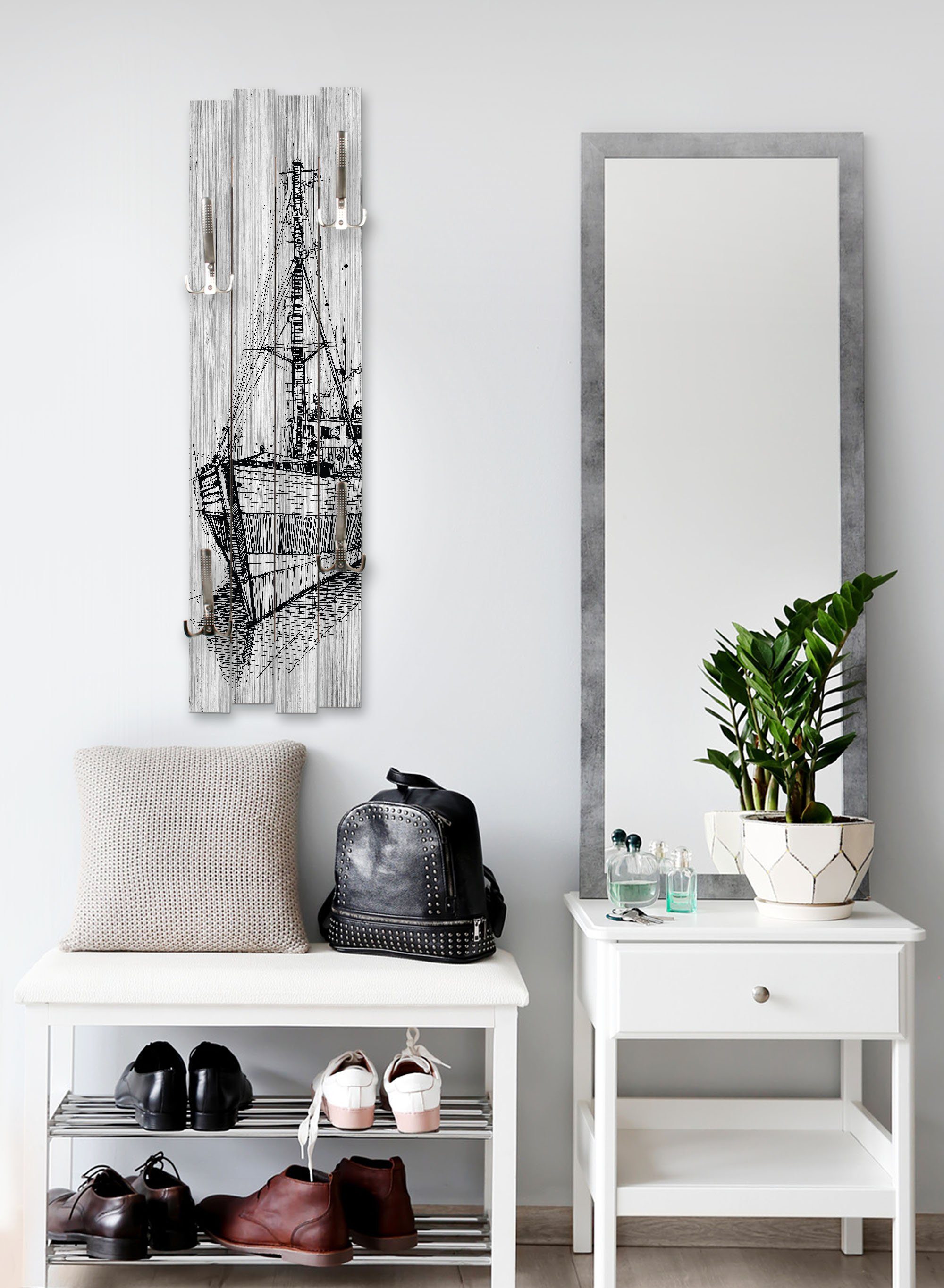 Kreative Feder Wandgarderobe Wand-Garderobe „Schiff“ aus Holz, Shabby-Chic; ca. 100 x 30 cm; mit 4 Haken; außergewöhnlich, modern