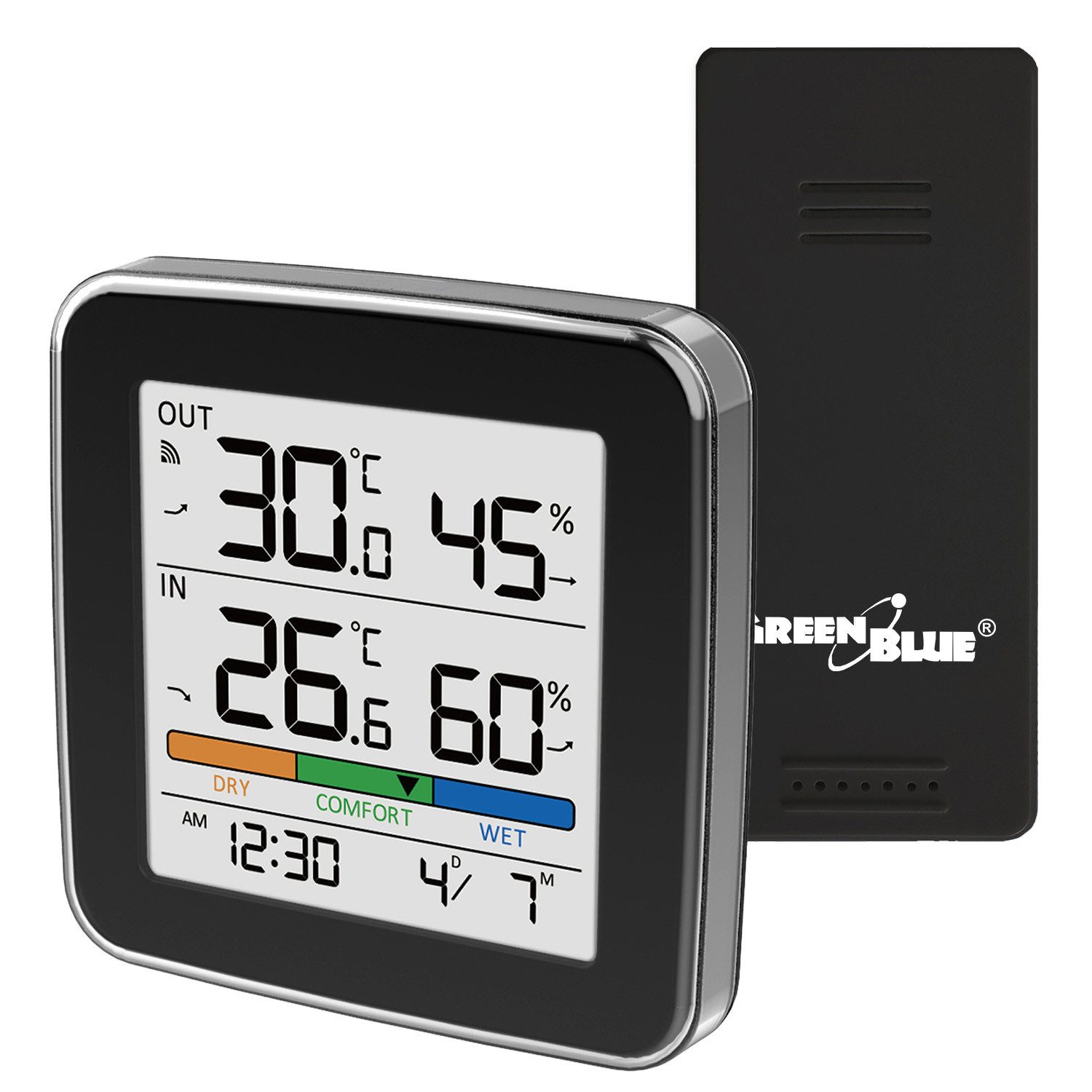 GreenBlue Wetterstation GB169 Temperatur + Luftfeuchtigkeit IN/OUT Wetterstation (Uhr + Alarm + Datum, wahlweise °C / °F, Reichweite bis zu 60 m)