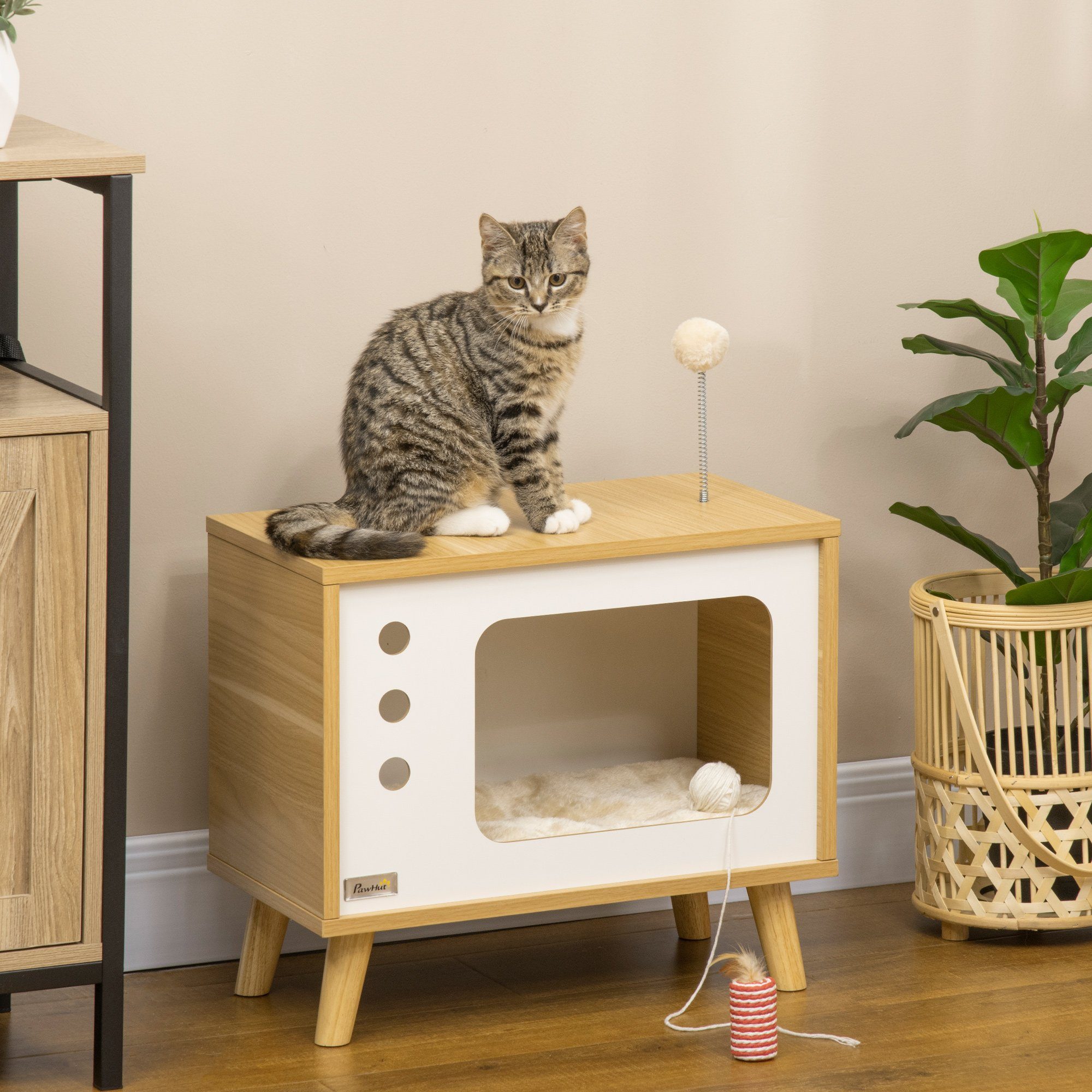 PawHut Tierhaus imTV-Design inkl. Spielzeug, waschbares Kissen, Eiche+Beige+Weiß, 50B x 28T x 43H cm