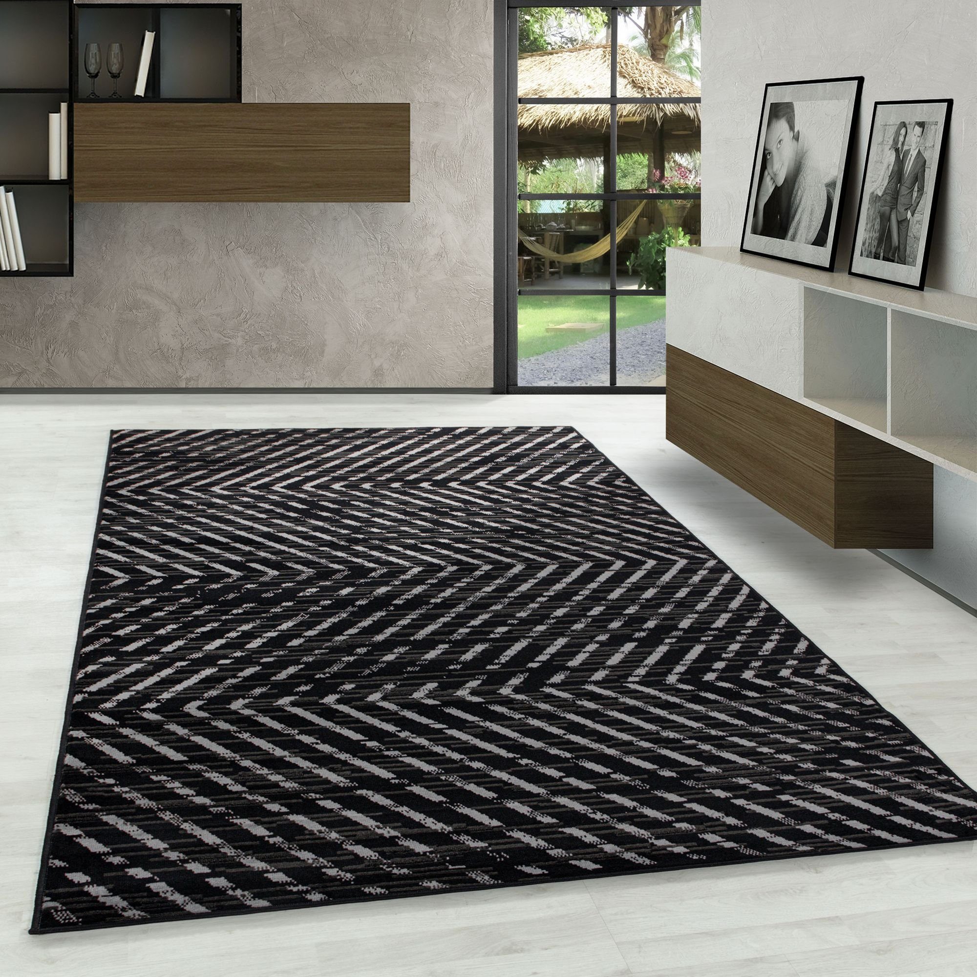 Designteppich Geometrisch Design, Carpetsale24, Läufer, Höhe: 10 mm, Kurzflor Teppiche Geometrisch Design Schwarz Teppich Wohnzimmer