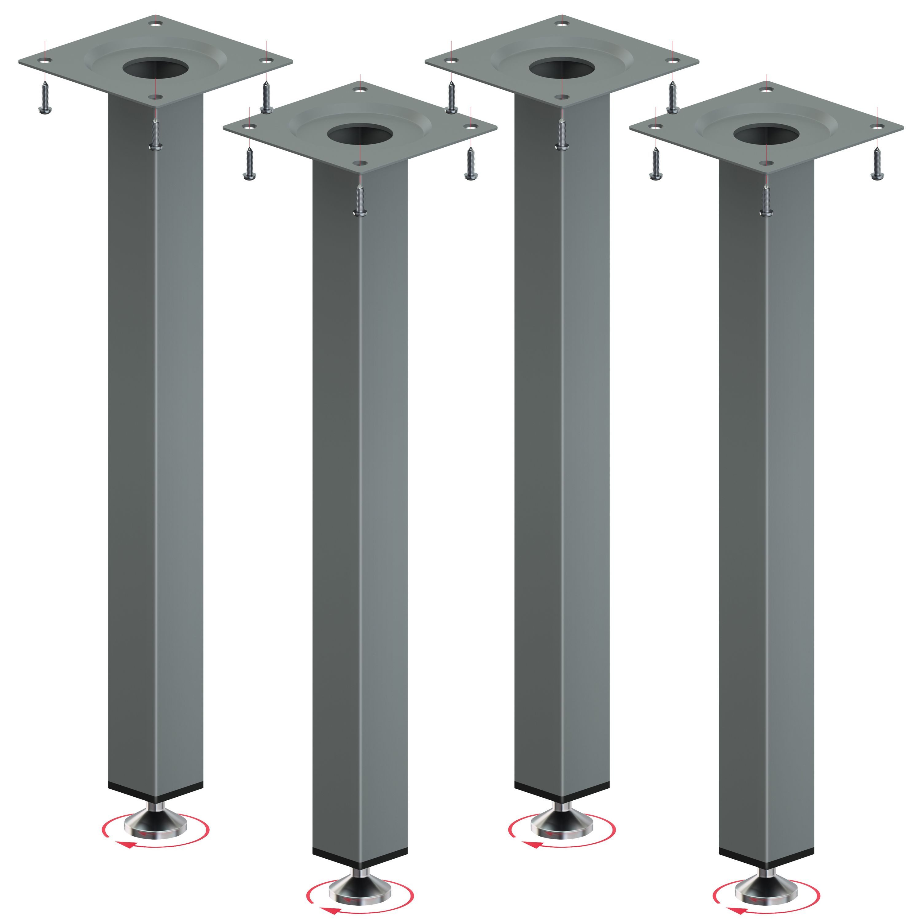 ib style Tischbein Tischbeine 25 x 25 mm 4er Set Silbermatt, Tischfüße - Möbelfüße - Inklusive Regulierschrauben