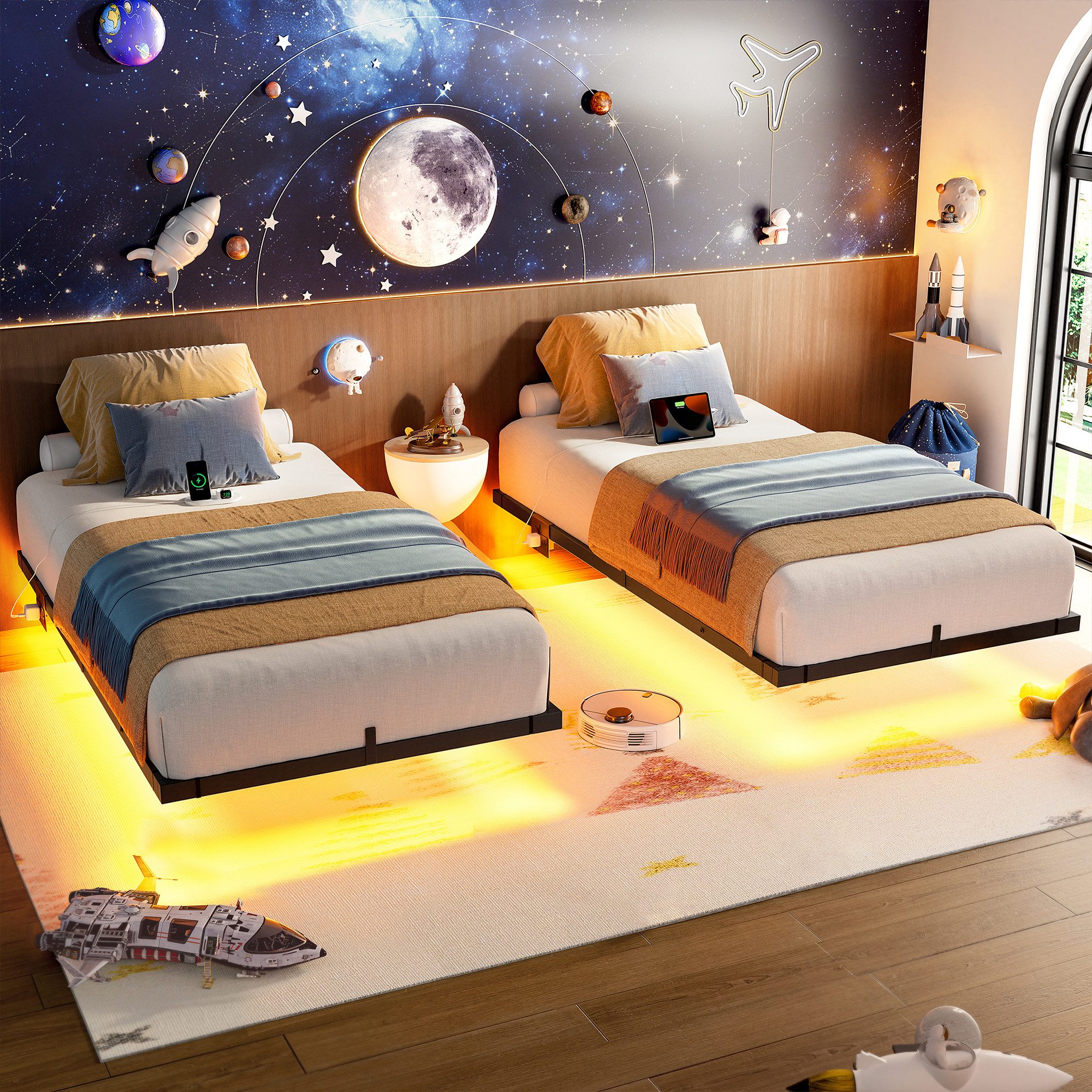 FABATO Metallbett Schwebebett, Bettgestell mit LED-Licht & USB-Ladestation & Steckdosen, 9 versteckte Beine, Schwarz, 140*200 cm
