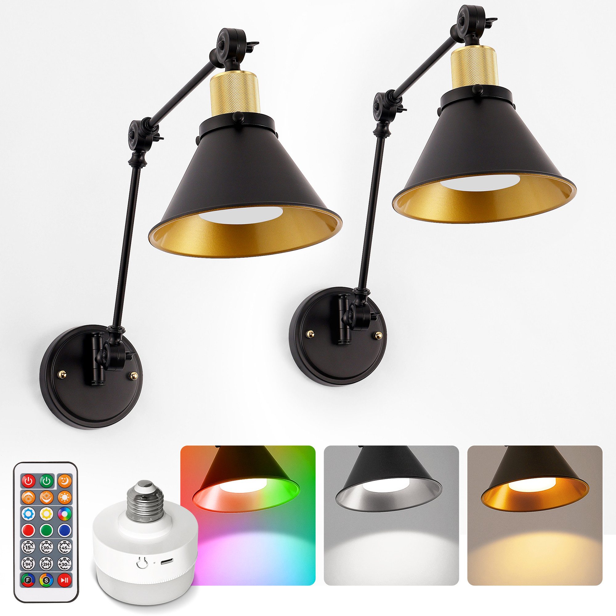 LOHAS-LED Wandleuchte 2er Set Vintage Wandlampe mit zweifach schwenkbarem Arm, LED wechselbar, Warmweiß bis Kaltweiß mit RGB-Farbwechsel, Akku-Lesewandlampe RGBCW E26 mit Fernbedienung + 1m Type-C-Kabel