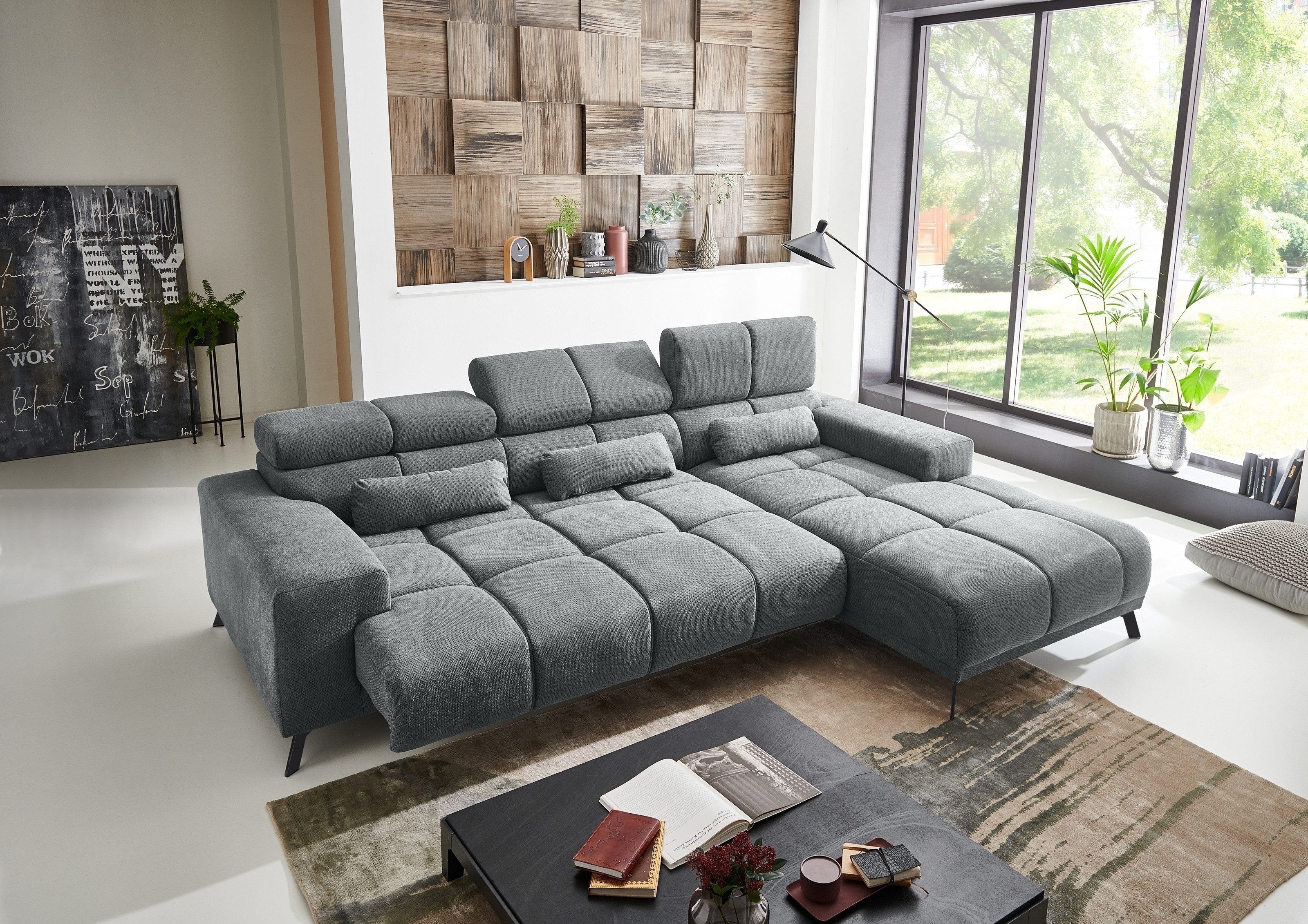 Iwaniccy Wohnlandschaft elektr. Sitztiefenverstellung, grau, Füße schwarz - 285x99x201 (BxHxT)