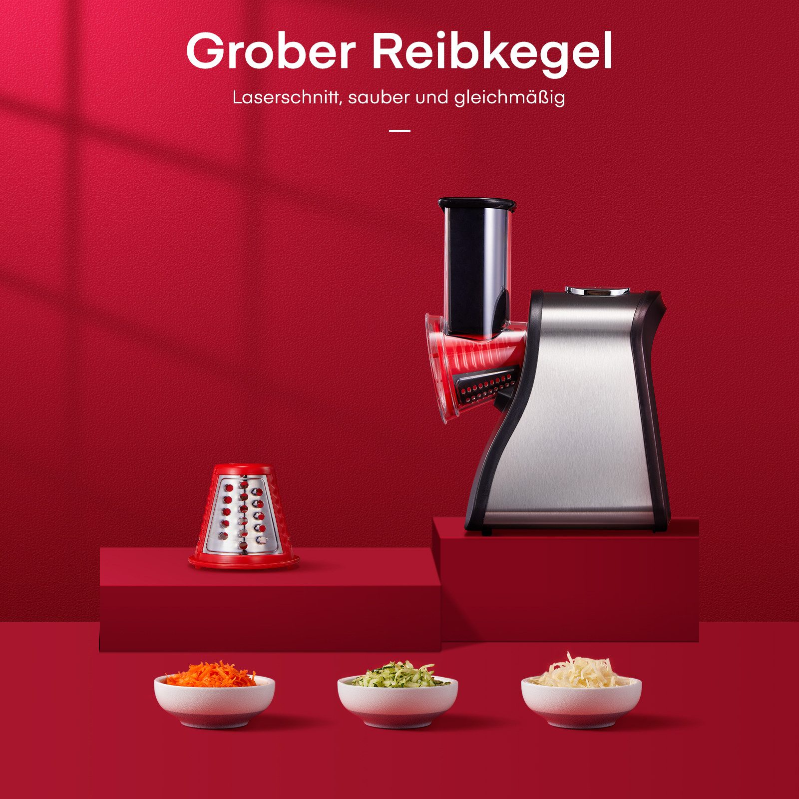 FOHERE Gemüsehobel 4 in 1 Elektrischer Gemüseschneider mit 4 Konischen Klingen, 200W, Kunststoff, Edelstahl, Ein-Knopf-Bedienung, Platzsparendes Design