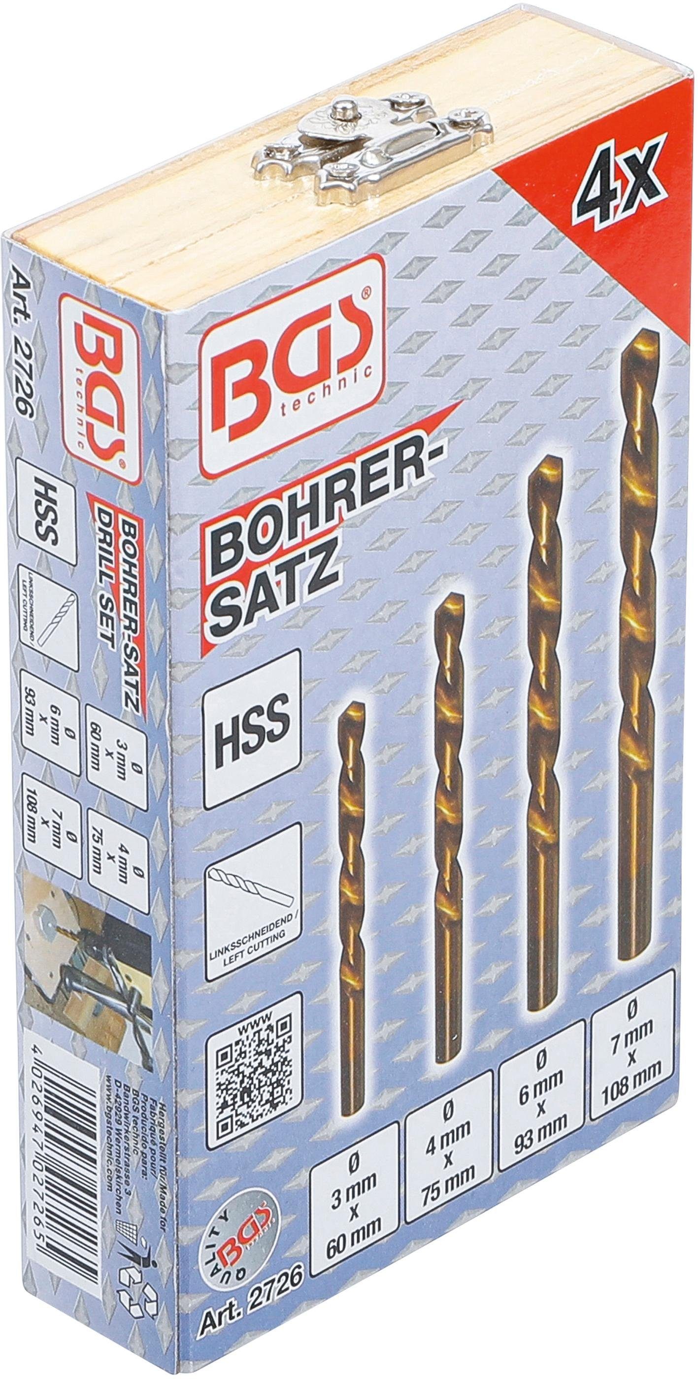 BGS technic Spiralbohrer HSS, linksschneidend, 4-tlg. Bohrer-Satz