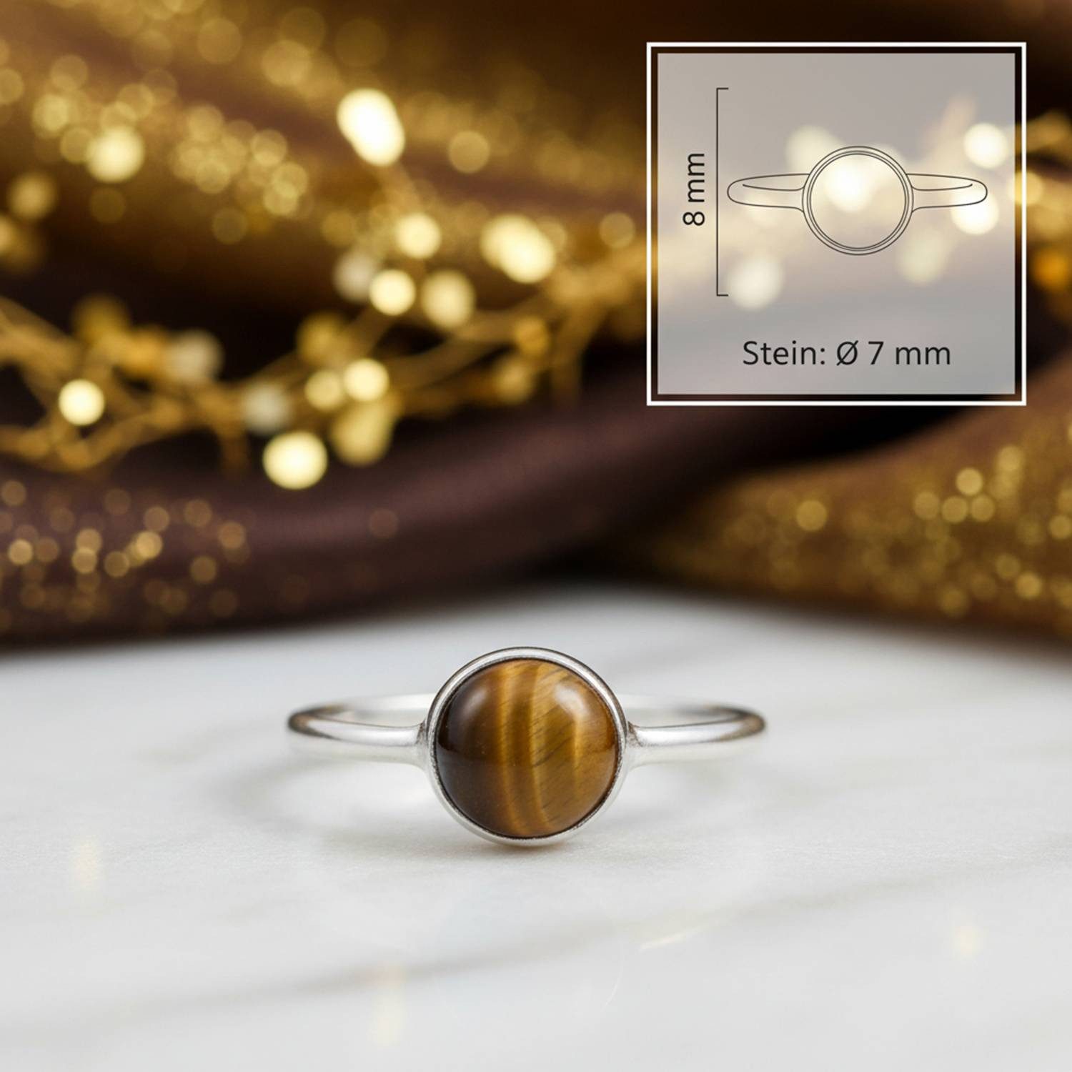 mantraroma Silberring SAMA rund aus 925 Silber mit Tigerauge (Ring mit Schmuckbeutel), Damenring aus 925er Silber