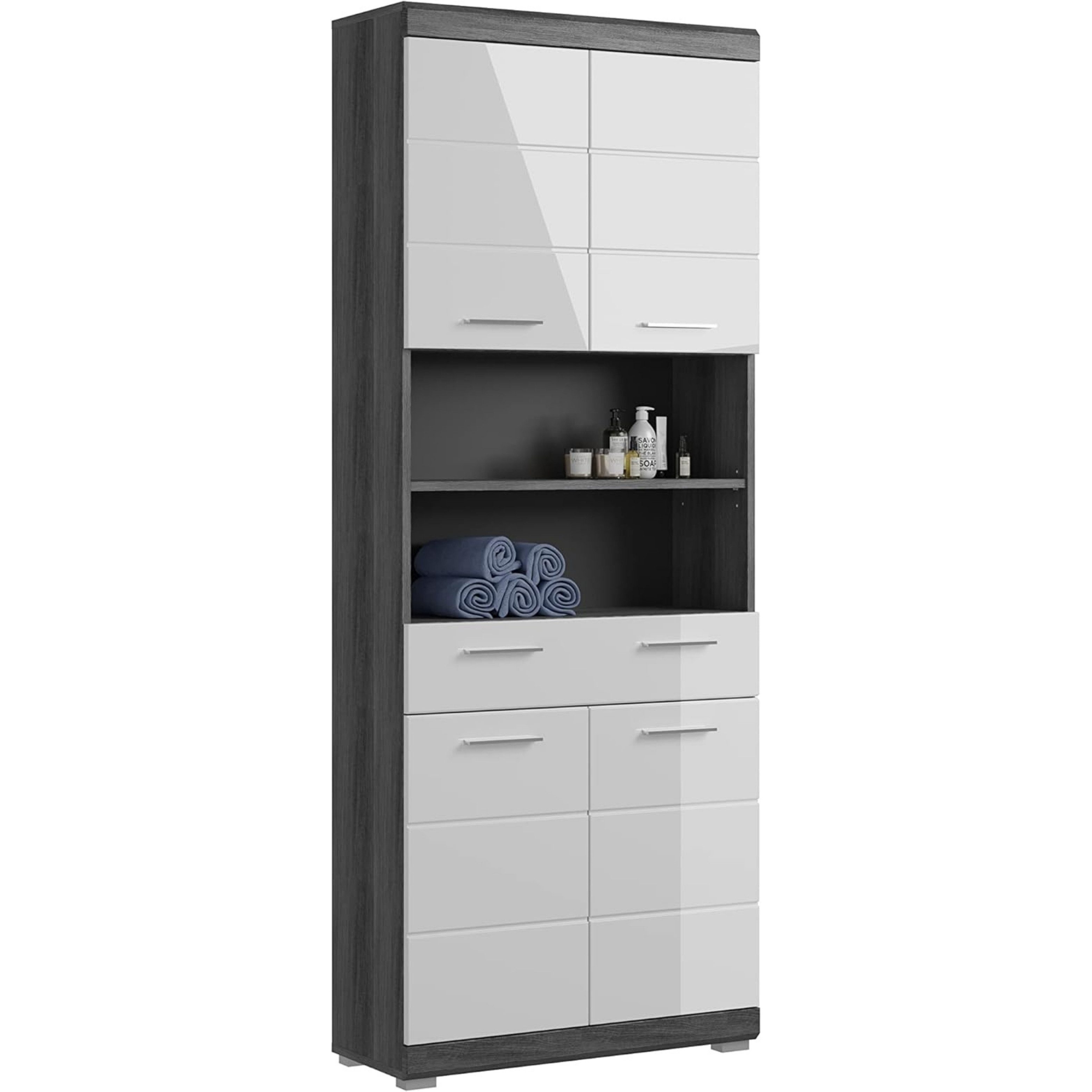 furnling Hochschrank Scott 4 Türen, 1 Schublade, 2 offene Fächer, Badmöbel, Badschrank, weiß
