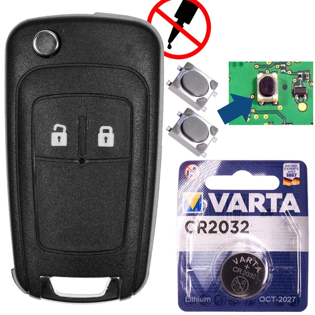 mt-key Auto Klapp Schlüssel Gehäuse + Mikrotaster + Rohling + VARTA CR2032 Knopfzelle, CR2032 (3 V), für OPEL Funk Fernbedienung