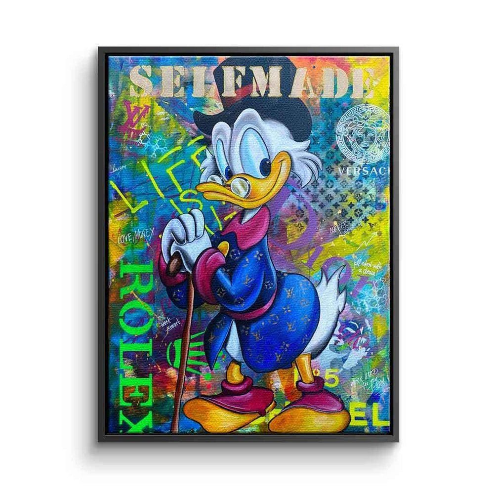 DOTCOMCANVAS® Leinwandbild $elfmade, Leinwandbild $elfmade Dagobert Duck Scrooge McDuck Comic Pop Art schwarzer Rahmen