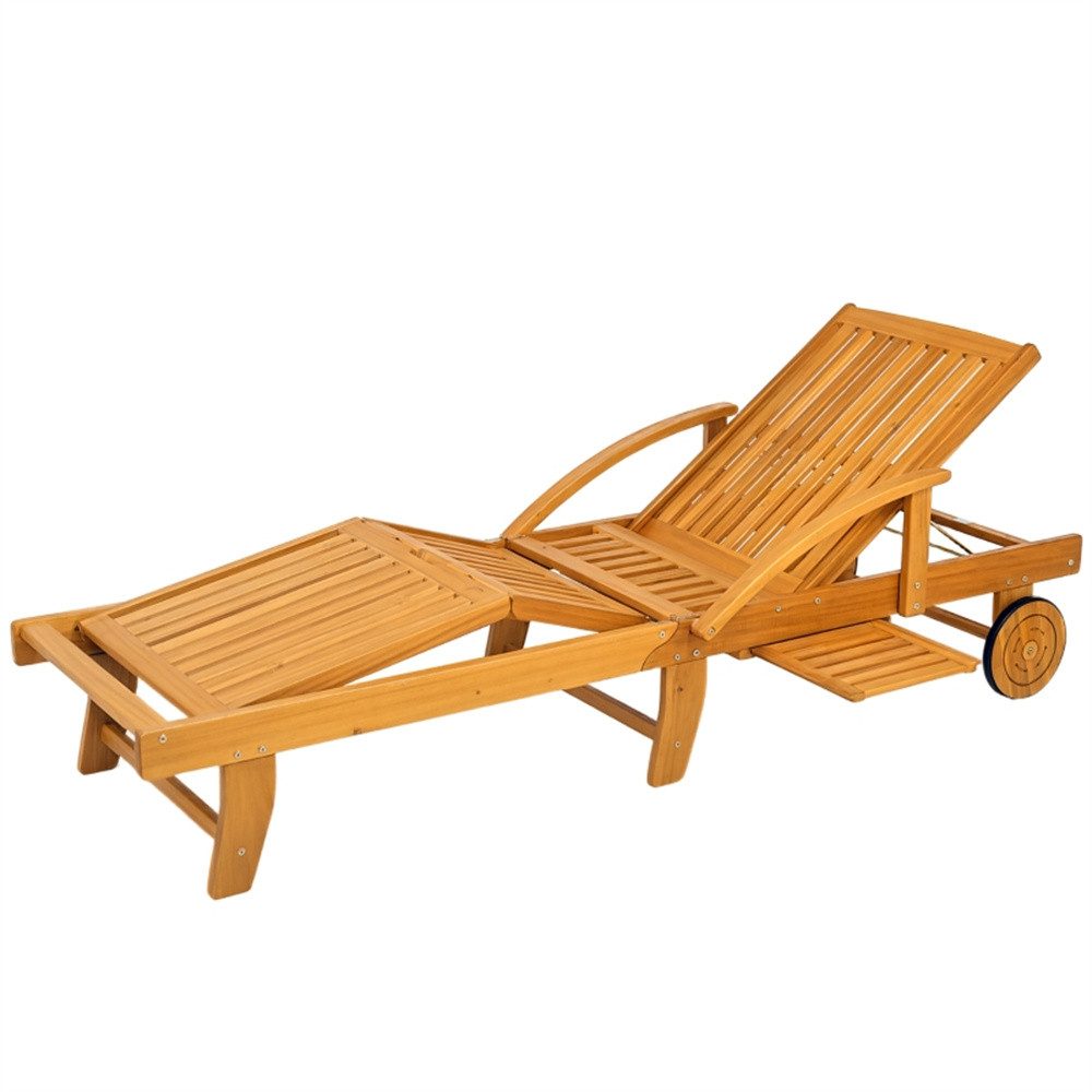 OKWISH Gartenliege Gartenstuhl, Holz Sonnenliege mit Seitentisch und Rolle – 4-fach verstellbare Rückenlehne, klappbar, bis 160 kg belastbar, für Garten, Balkon, Camping – Teakholz, platzsparend