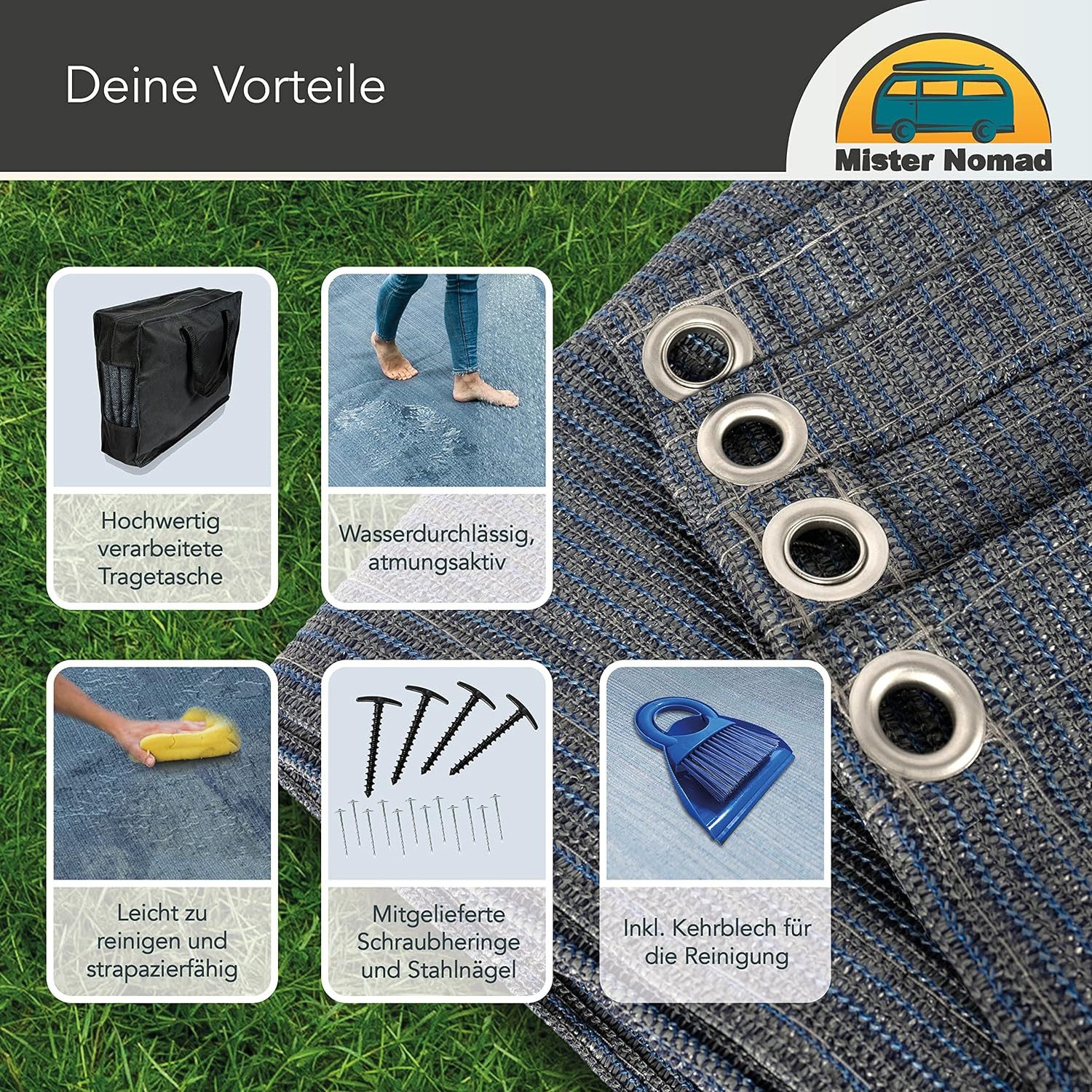 Mr Nomad Zeltteppiche Vorzeltteppich - hochwertiger 300 g/m² Softer Camping Teppich, inkl Tragetasche, T-Heringe, Stahlnägel & Kehrblech