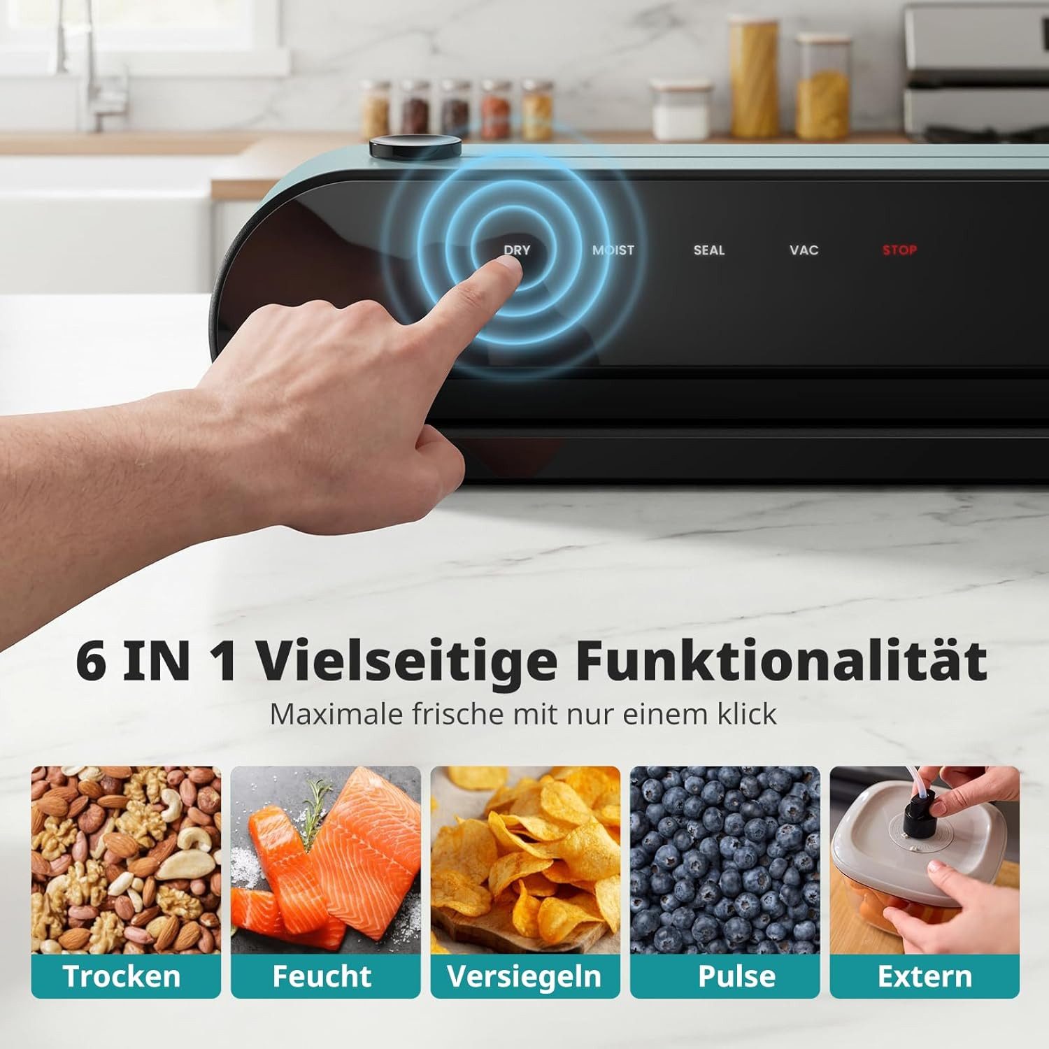Airmsen Vakuumierer 5-in-1-Vakuumiergerät Vollautomatische Vakuumierung und Versiegelung, 120W, vacuumiergeraet mit Cutter & Schlauchaufbewahrung für lebensmittel