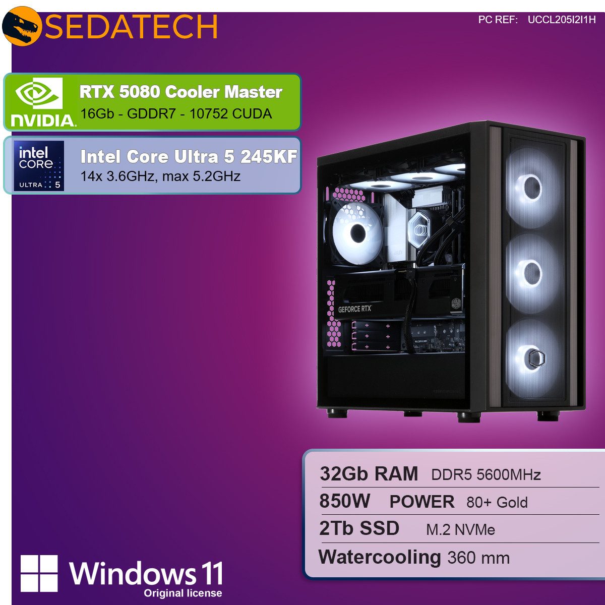 Sedatech UCCL205I2I1HF - Watercooling Gaming-PC (Intel Intel Core Ultra 5 Intel Core Ultra 5 245KF 14x 3.6GHz (max 5.2GHz), Geforce RTX5080 16GB, 32 GB RAM, 2000 GB SSD, Watercooling, Wlan 7)