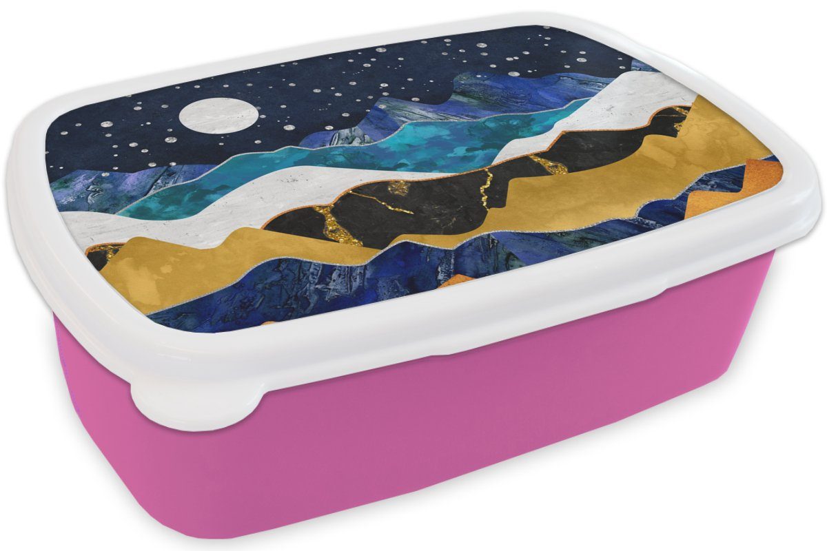 Snackbox, Kinder, MuchoWow Brotdose Gold Mädchen, Kunststoff Abstrakt - Nacht Marmor - - Landschaft für Berg, - Brotbox Lunchbox (2-tlg), rosa - Kunststoff, Erwachsene,