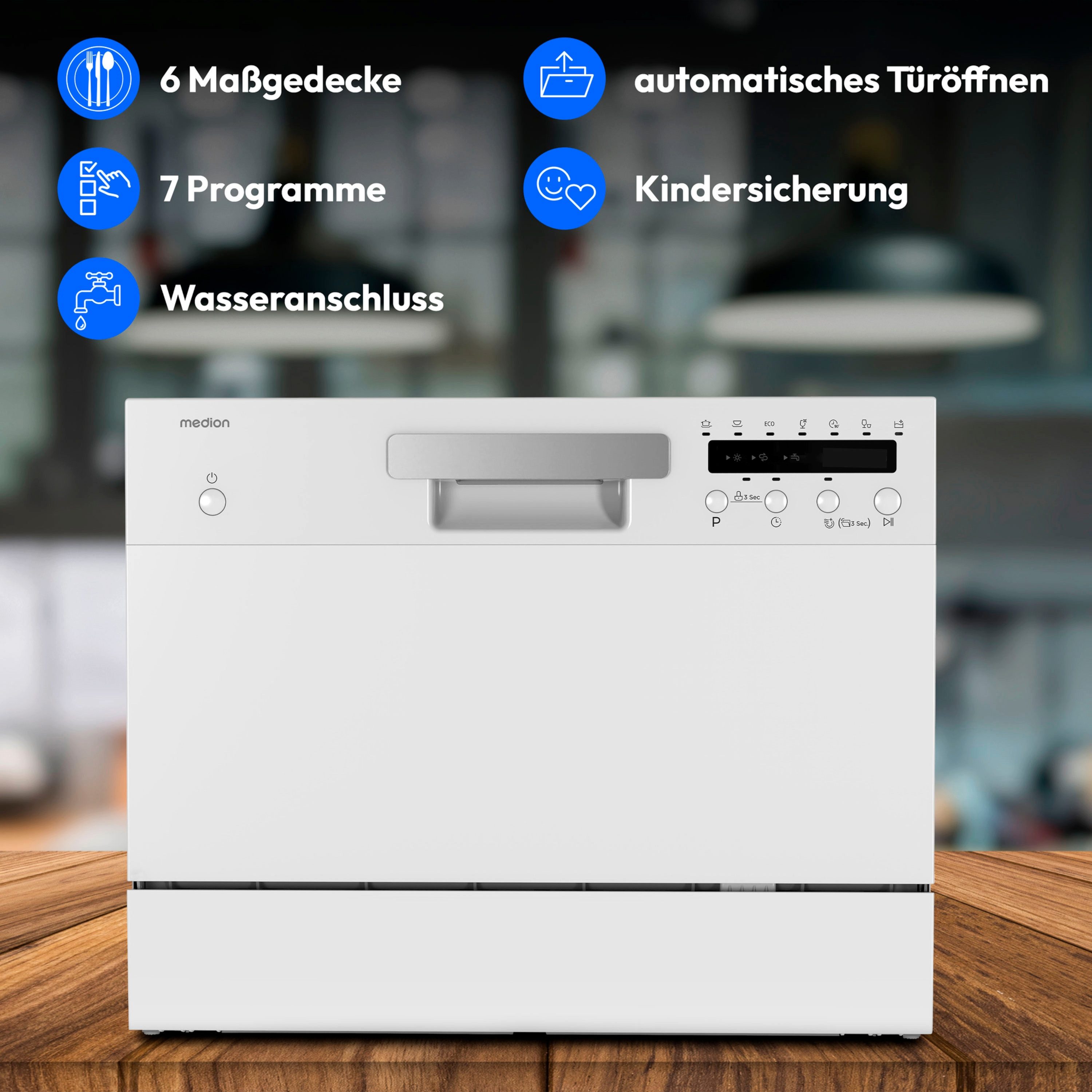 Medion® Tischgeschirrspüler MD37496, 6 Maßgedecke, mit/ohne Wasseranschluss, 7 Reinigungsprogramme, freistehend, weiß