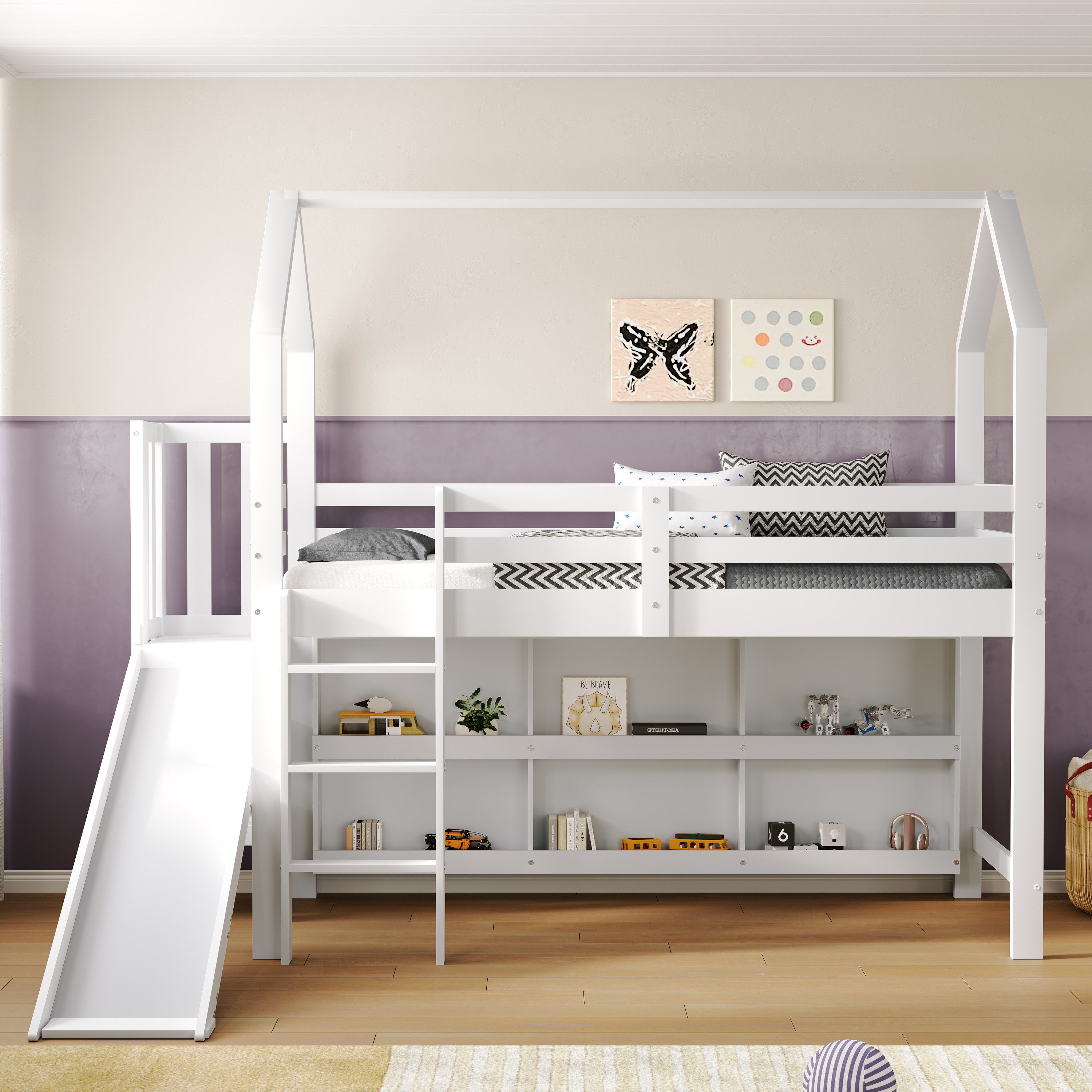 Flieks loft bed, children's bed 90x200cm with slide, ladder and movable wardrobe