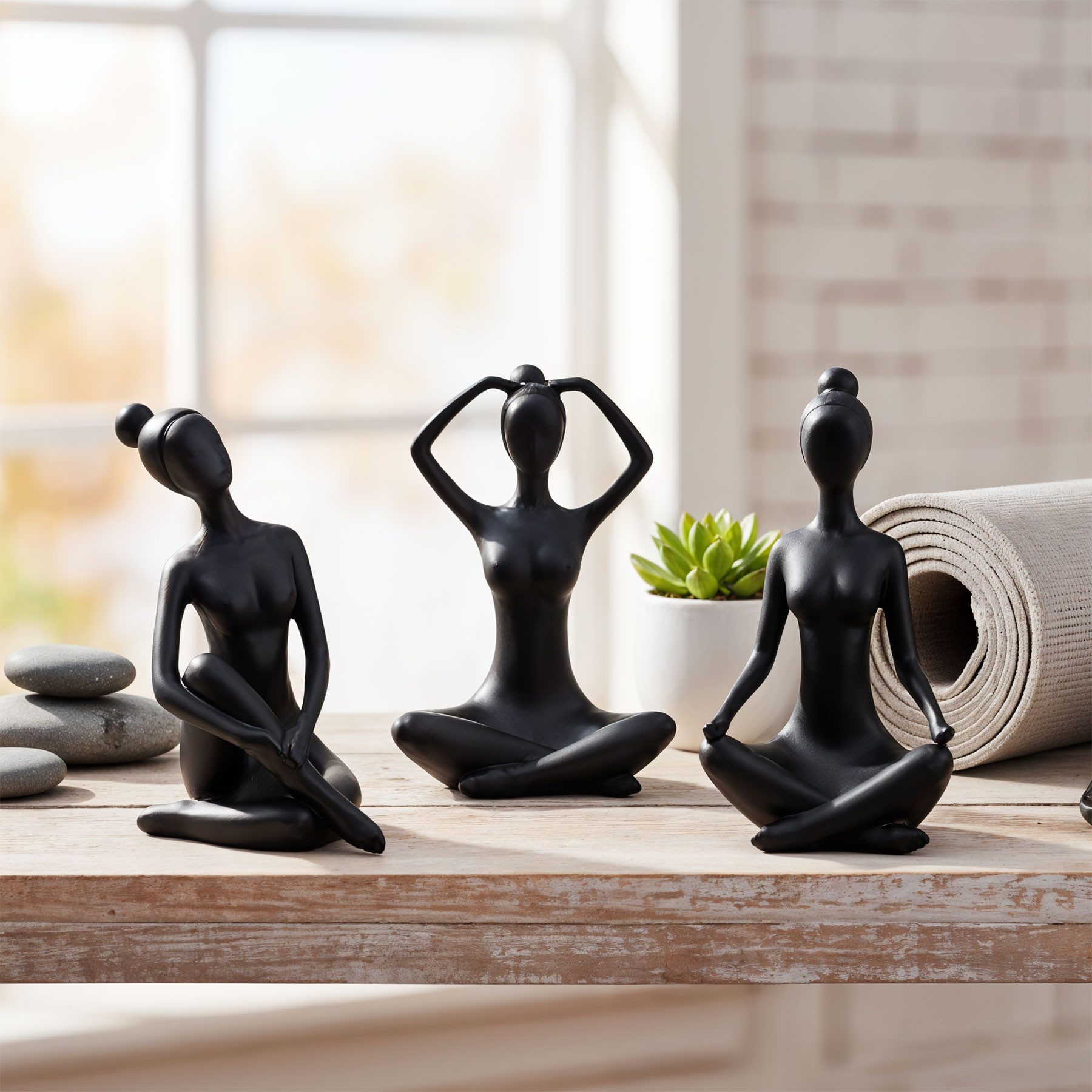 Levandeo® Dekofigur, 3er Set Yoga Deko Frau Figur Schwarz Dekofigur Yogapose Geschenk
