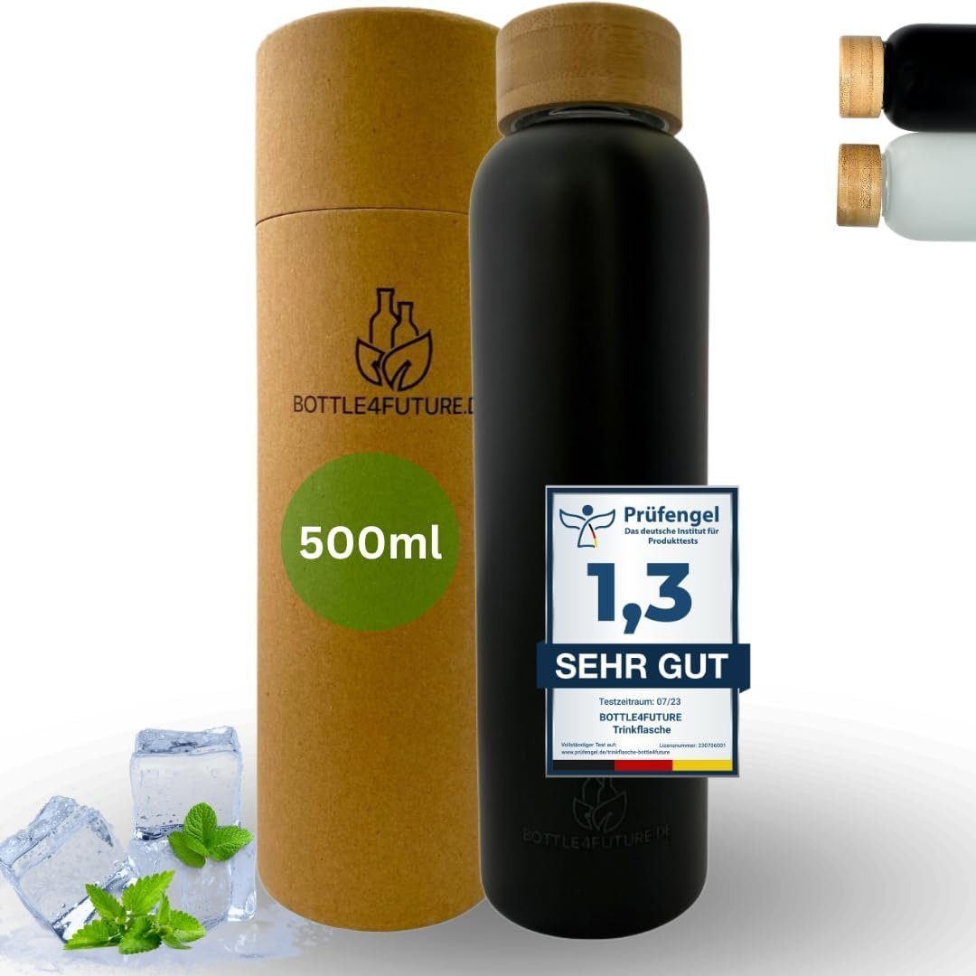 Bottle4Future Trinkflasche 500ml Glas, Auslaufsicher, Bruchsicher, Kohlensäure Geeignet, Borosilikatglas 500ml Black Green