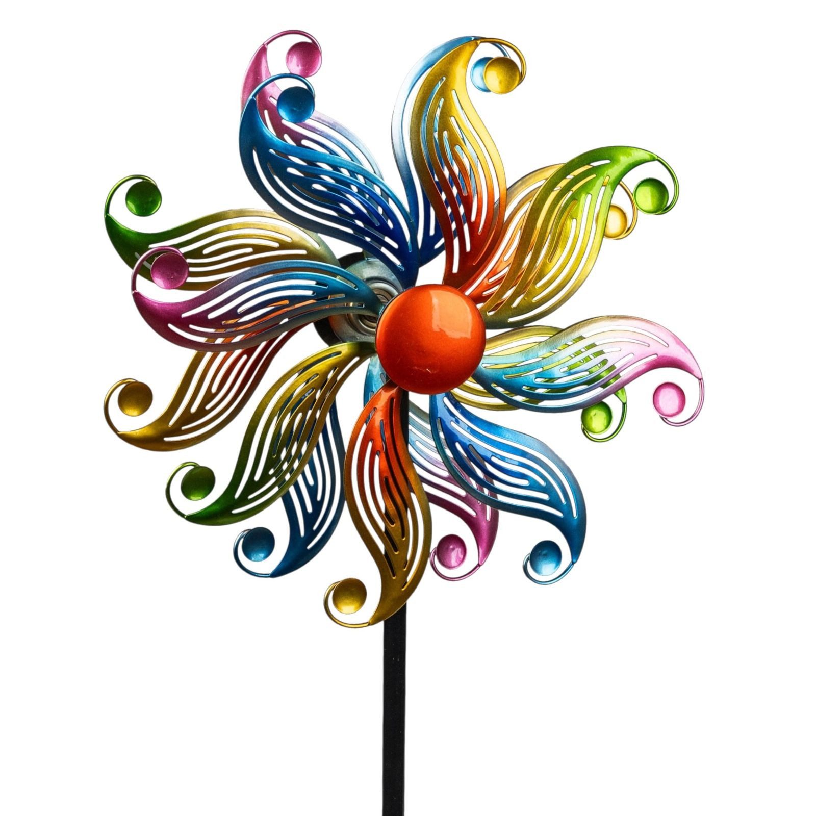 Kremers Schatzkiste Gartenfigur Windrad Blume Garten Metall kugelgelagert Windspiel Ø 25 cm / 112 cm