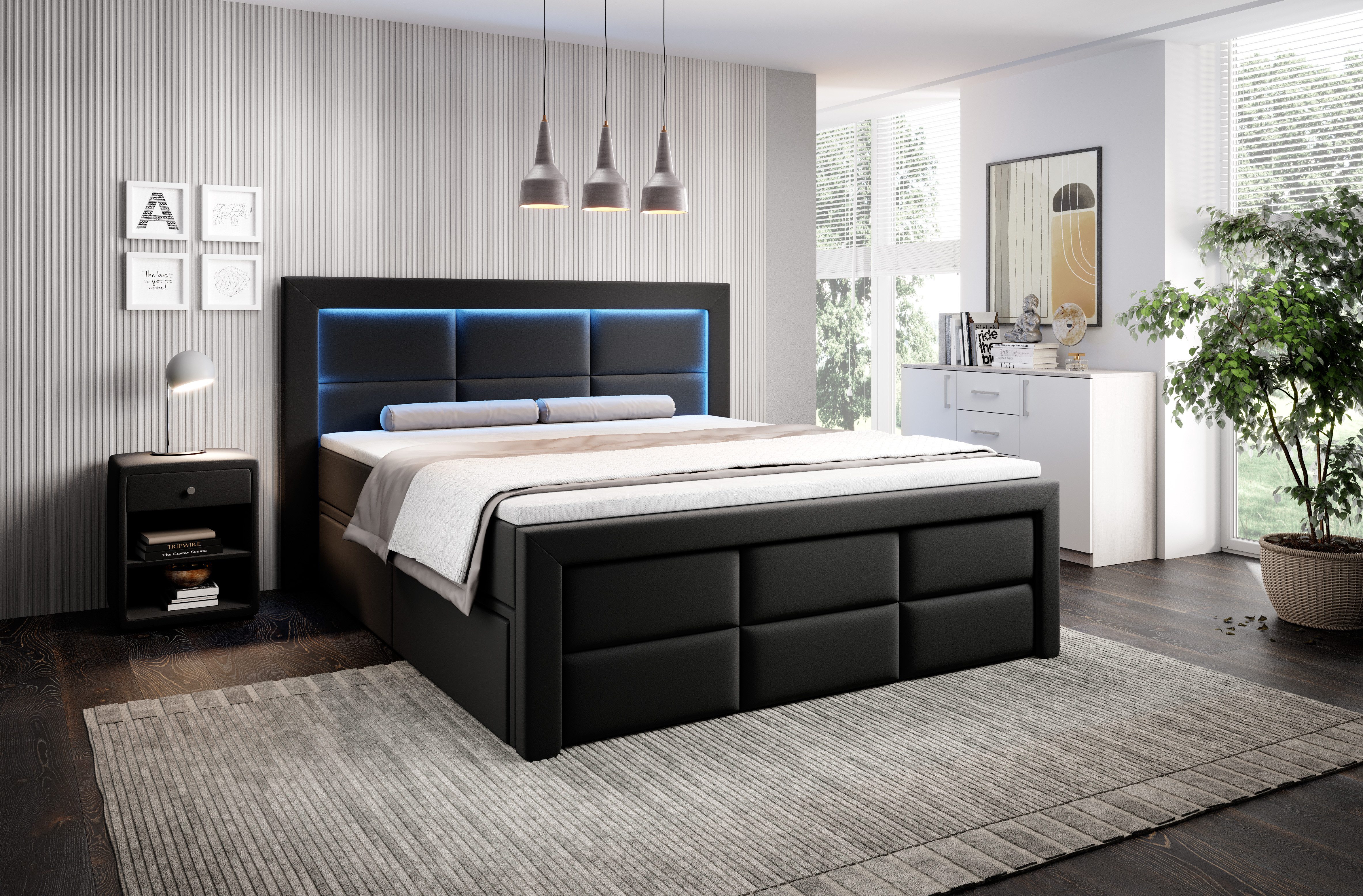 PROMETO Möbel Boxspringbett Schlafbett mit 2 Schubladen Bettkasten 180x200cm LED Beleuchtung (2 Schubladen, Taschenfederkernmatratze 7 …