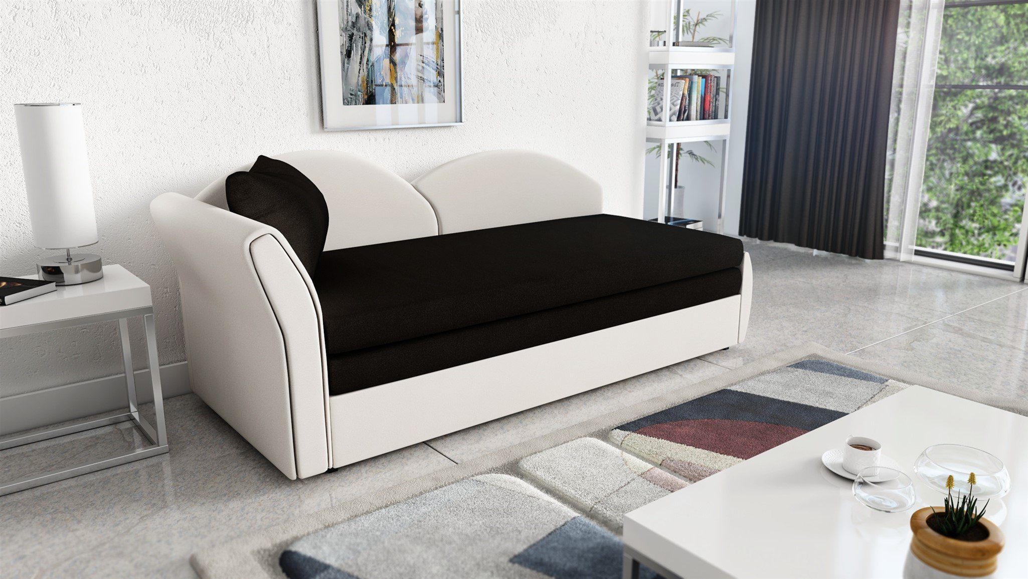 Schlafsofa Bettkasten Schlaffunktion mit Alova, oder ALINA Möbel inklusive Weiß-Schwarz Fun Rechts Sofa Stoff Links