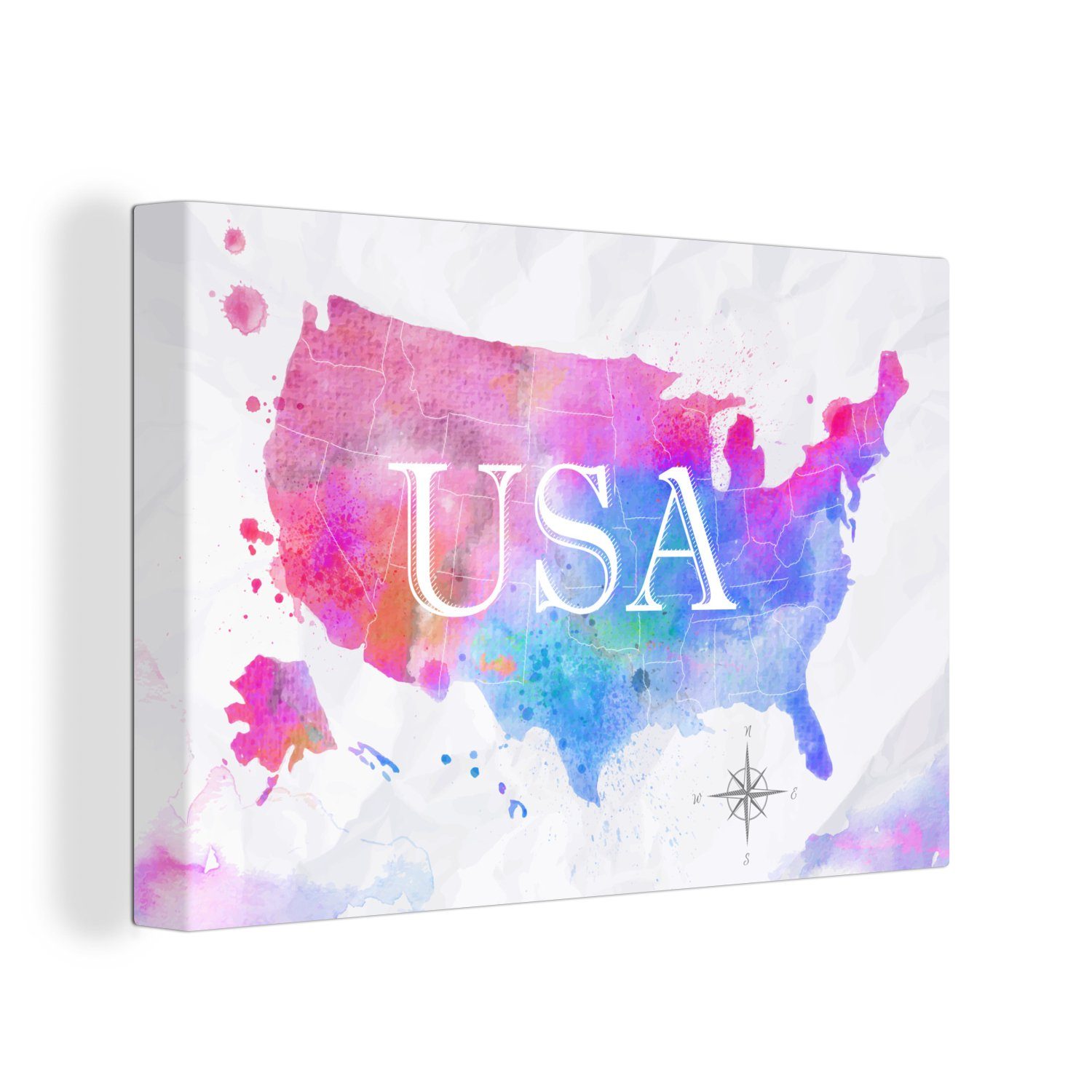 OneMillionCanvasses® Leinwandbild Weltkarte - Aquarell - Vereinigte Staaten, (1 St), Wandbild Leinwandbilder, Aufhängefertig, Wanddeko, 30x20 cm