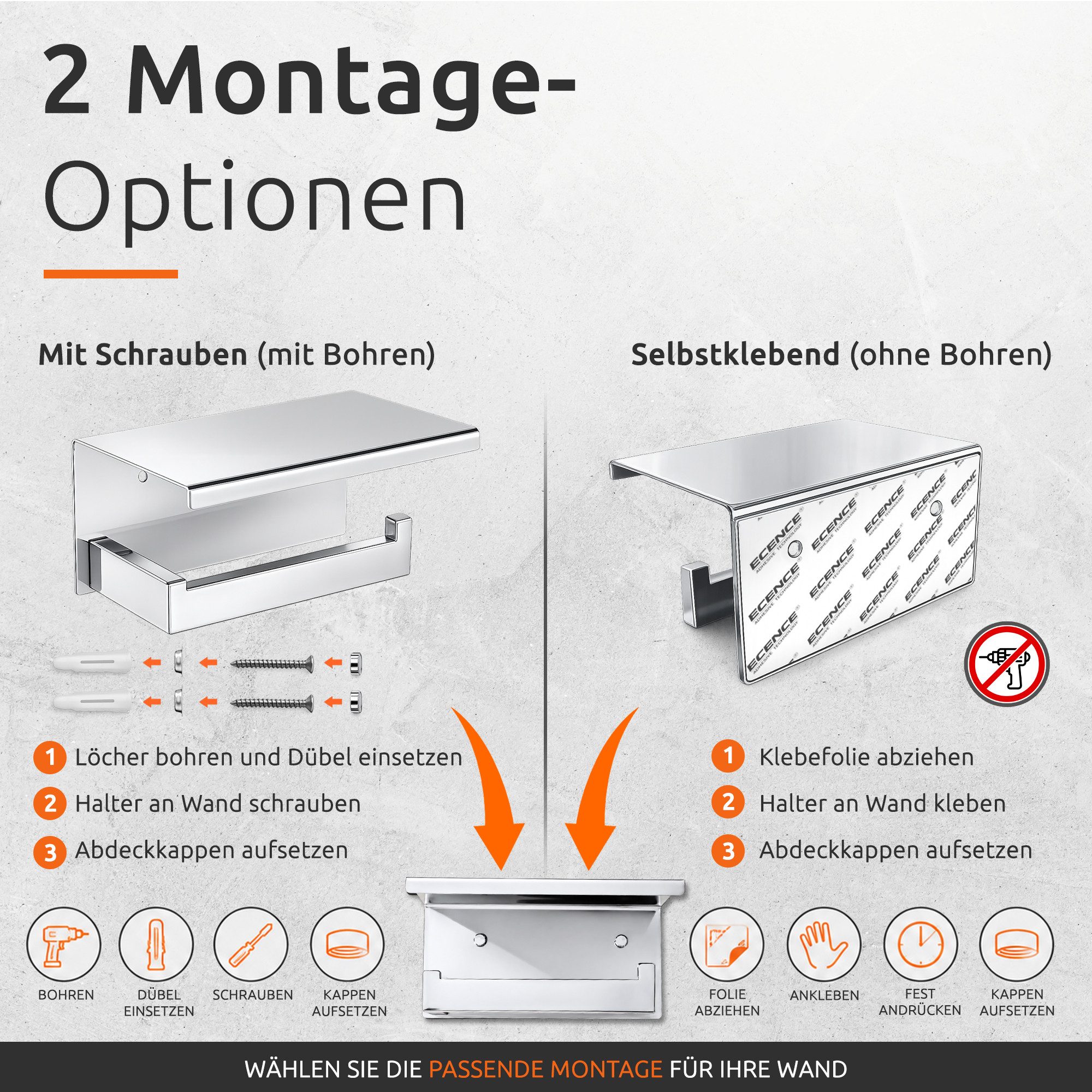 ECENCE Toilettenpapierhalter ohne Bohren selbstklebend Edelstahl 304, mit Ablage zum Kleben oder Schrauben – Bild 5 von 5
