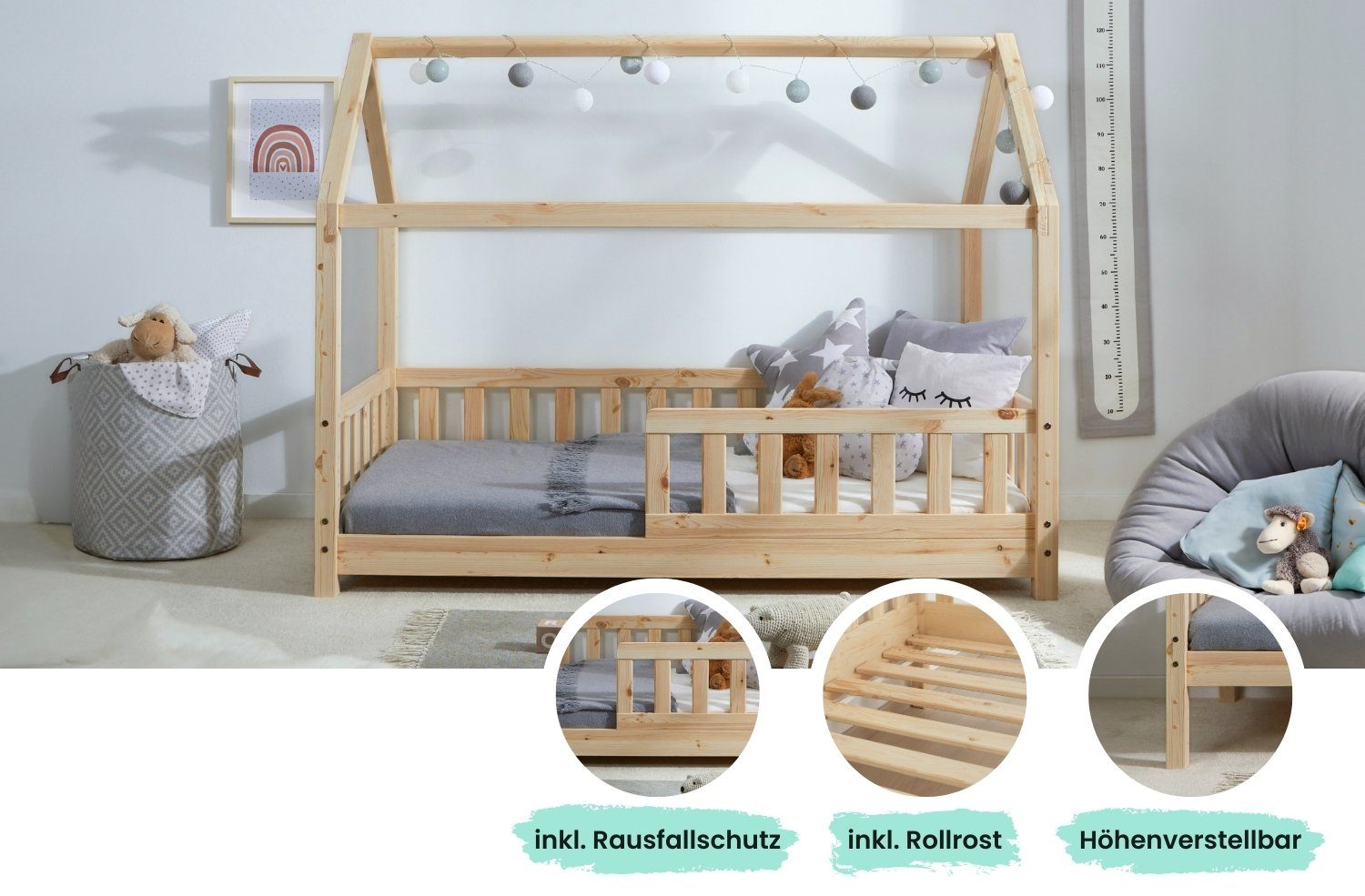 Ticaa Hausbett Kay mit Rausfallschutz aus Kiefer, Kinderbett 80x160, inkl. Dach, mit Rollrost