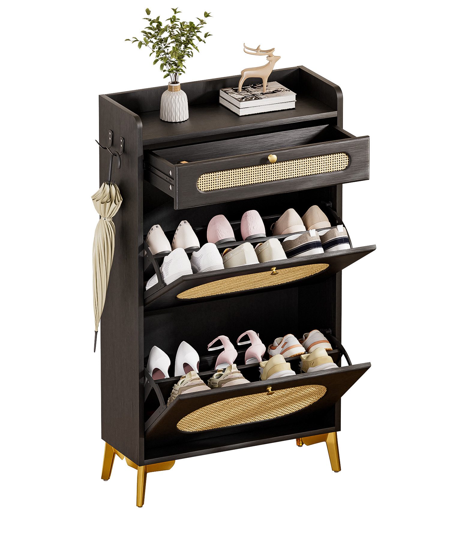 Yorbay Schuhschrank Schmal,Schuhkipper mit 2 Klappen & 1 Schublade,Rattan-Deko (60 x 24 x 110,5 cm) Metallbeinen & Haken, für Flur & Eingangsbereich