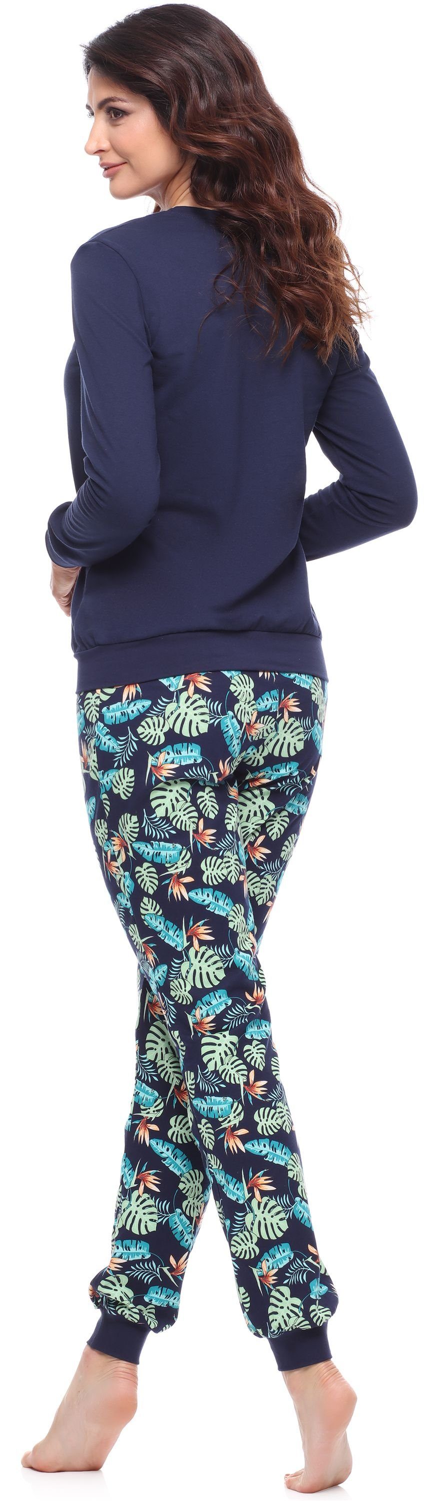Merry Style Schlafanzug Marineblau/Blätter MS10-268 lang bunt mit Schlafanzug Pyjama Muster Damen Zweiteiler