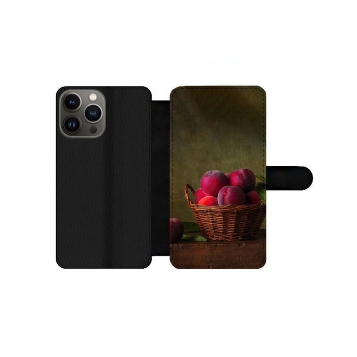 MuchoWow Handyhülle Korb - Pflaume - Rosa - Rustikal - Obst - Stilleben Handyhülle Telefonhülle Apple iPhone 13 Pro Max