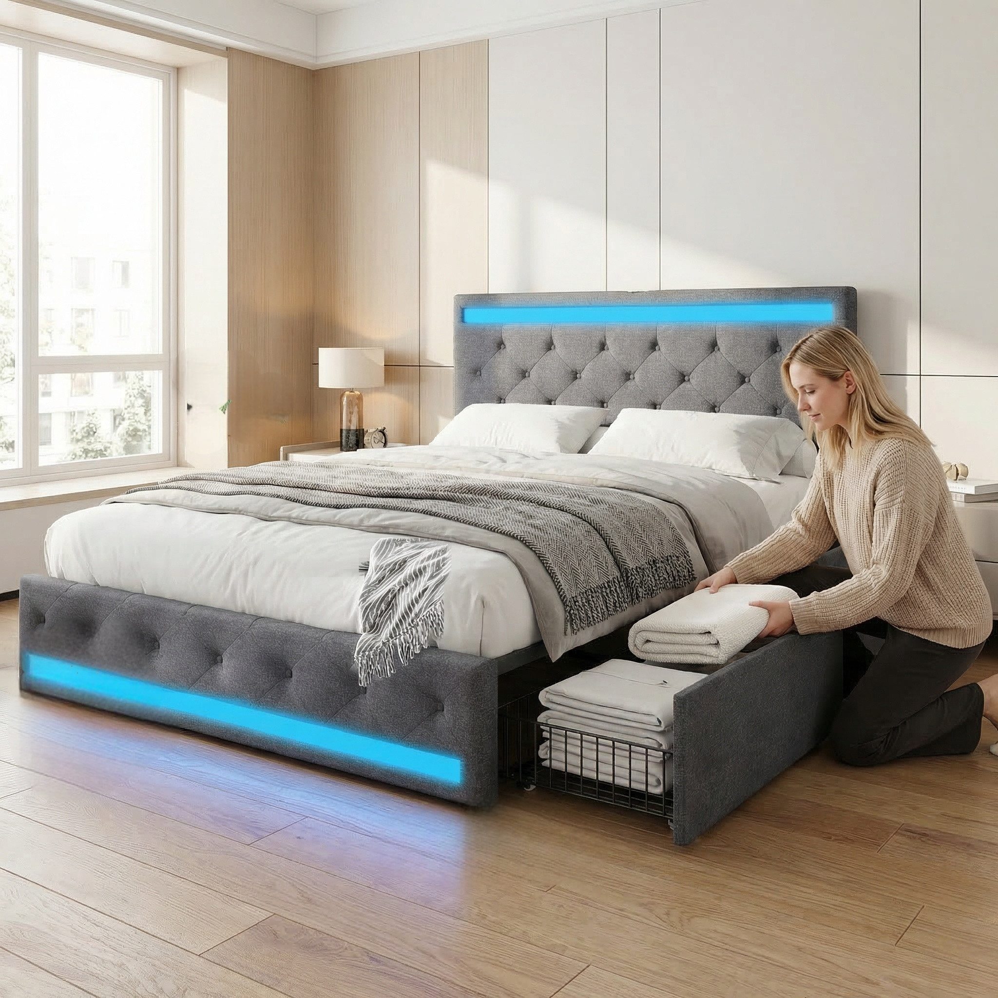 Furnishings Home Polsterbett Stauraumbett Doppelbett (Vier extra große Schubladen unter dem Bett), Mit LED-Beleuchtung, USB & Type-C, Leinen, 180x200 cm