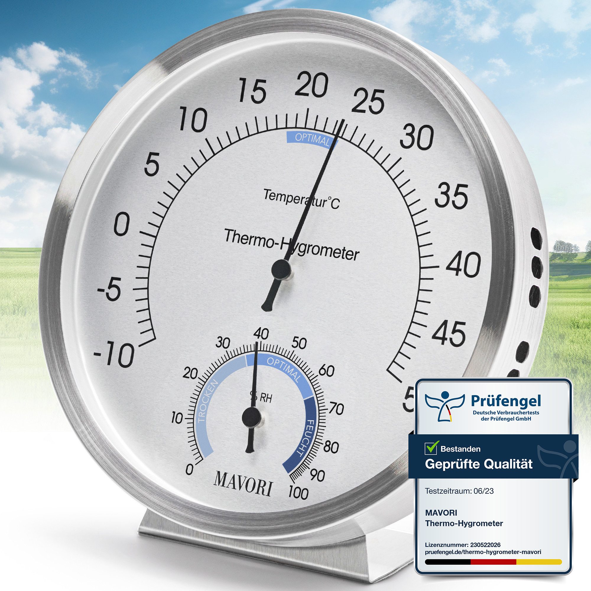 MAVORI Raumthermometer und Hygrometer analog aus Edelstahl - präzise und stilvoll - Ø 12,5cm, batteriefreier Betrieb (Bi-Metall)