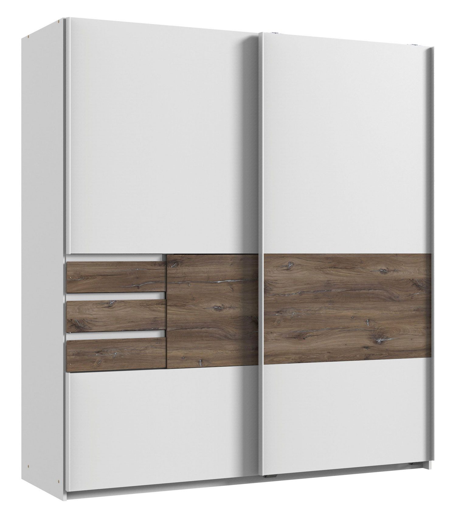 Wimex Schwebetürenschrank Bamberg (2 Türen, 3 Schubladen, 5 Holzböden, 1 Kleiderstange, 1-St., moderne Optik, Grifleisten aus Metall) 180x65x198cm weiß / Flagstaff Eiche