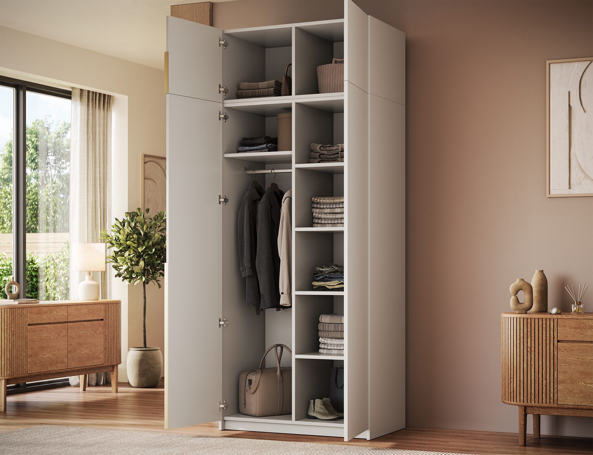 MOEBLO Drehtürenschrank Lunaro II (moderner Kleiderschrank 2-türig Schrank Garderobe Schlafzimmer, 100 cm, mit Spiegel Drehtüren Weiß Kaschmir Artisan Gold Griffe optional mit Aufsatz) (BxHxT): 100 x 204 x 58 cm