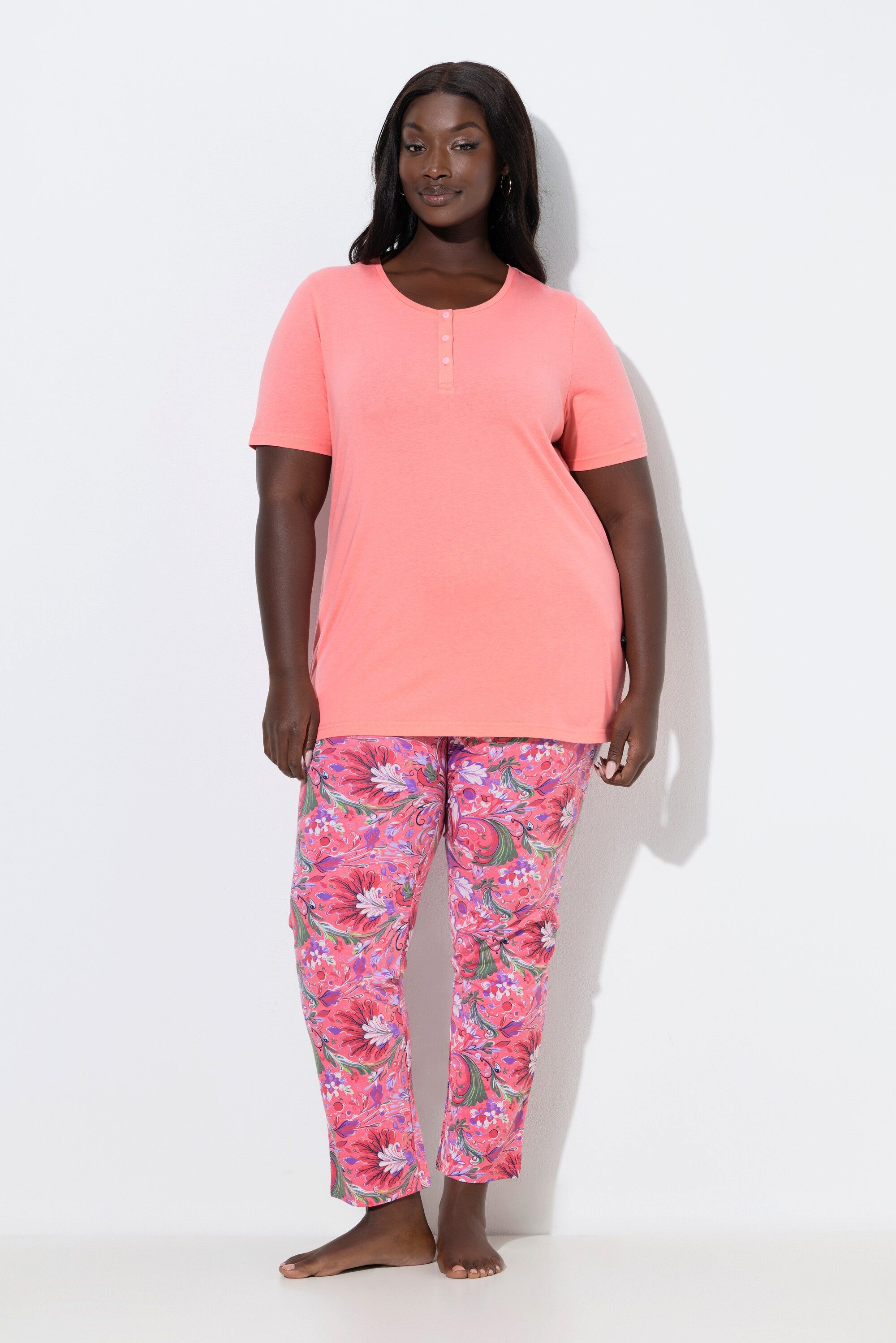 Ulla Popken Pyjama Pyjama Blüten Rundhals Halbarm