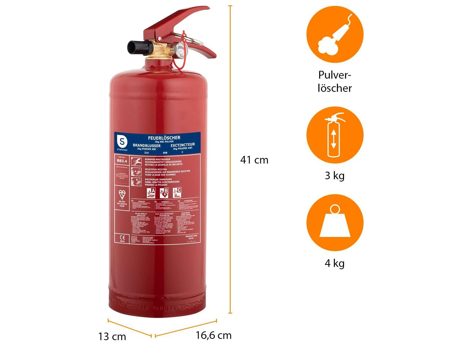 smartwares Pulver-Feuerlöscher, Pulver, als Set mit Löschdecke, für Zuhause Auto, DIN EN 3, Brandklassen A B C