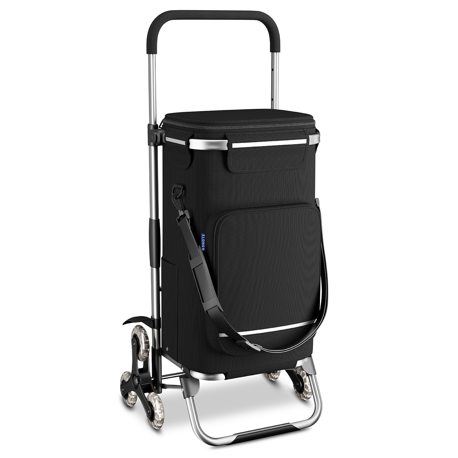 ELONEO Einkaufstrolley Treppensteiger, mit separater Kühltasche, klappbar, 43 l, 3+3 Rad-System, abnehmbare Tasche mit Schultergurt, extrem leicht