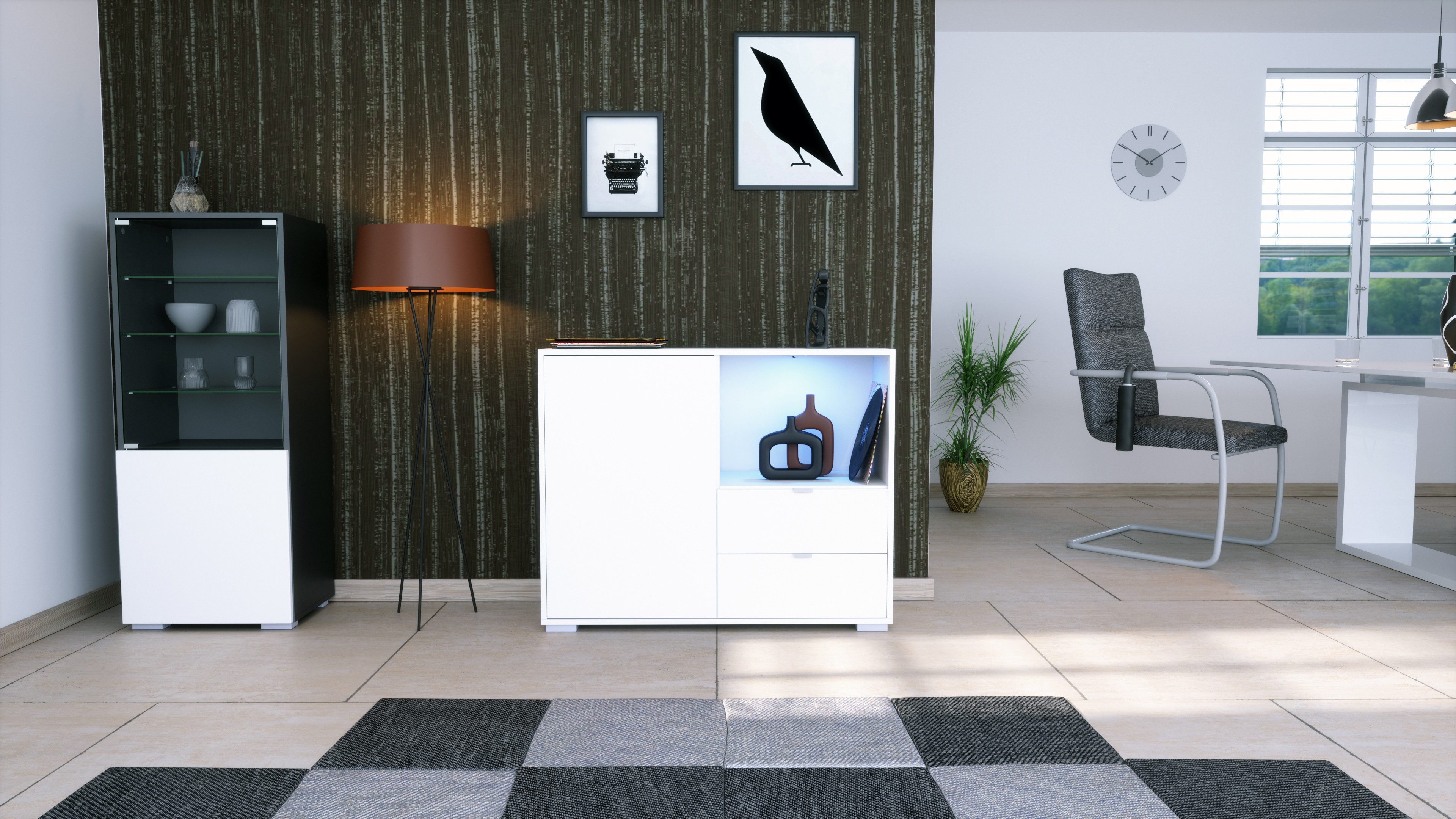 Vladon Kommode Milano (Kommode mit 1 Tür Weiß matt, 2 Schubladen Weiß matt, inkl. LED, Made in Germany), Korpus Weiß matt (103 x 83 x 37 cm)