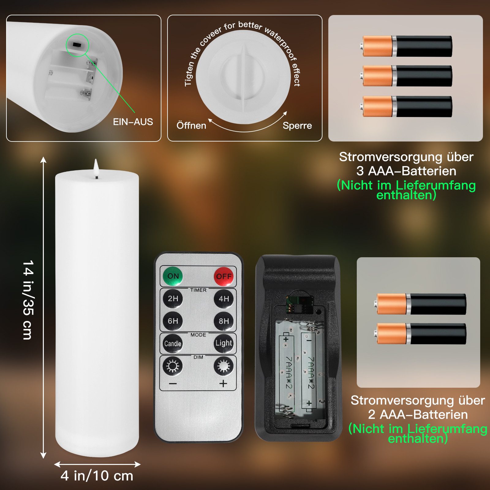 Kimjo LED-Kerze 10×35cm, wasserdicht outdoor, flackernde Flamme (2-tlg., Ohne mitgelieferte Batterien), Fernbedienung & Timer, über 500h Leuchtdauer, 2er Set