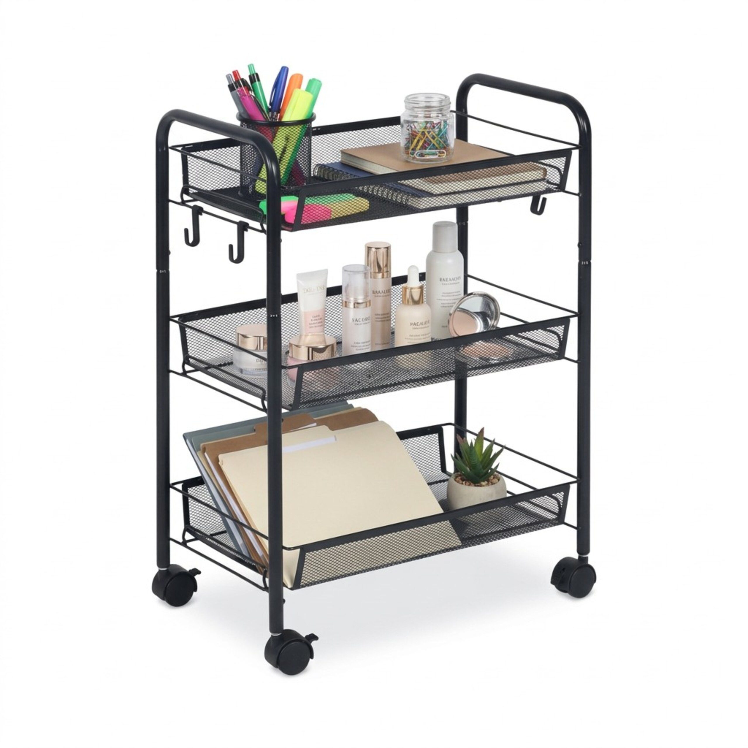 relaxdays Servierwagen Rollwagen Mesh mit mehreren Ebenen, (5 St), schwarz, 3 Ablagen