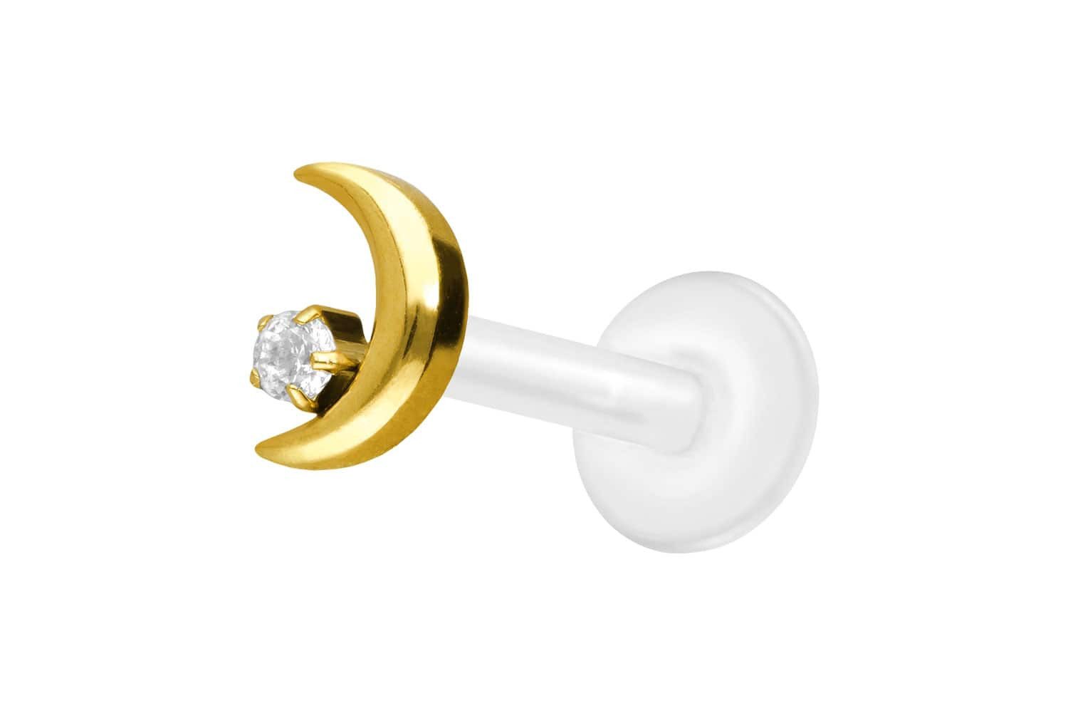 Piercing-Set PTFE Labret mit Innengewinde + Titan-Aufsatz MOND + KRISTALL