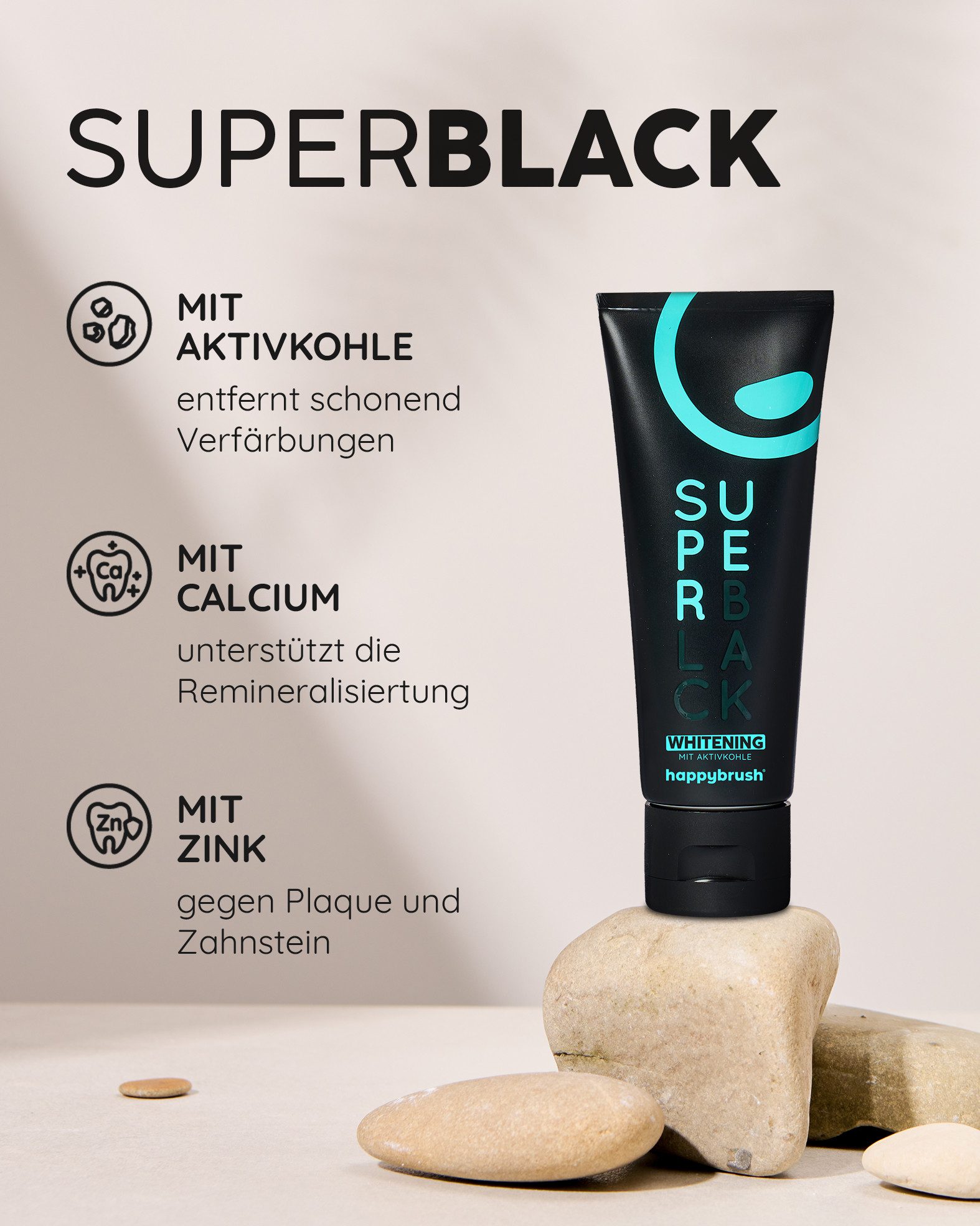 happybrush Zahnpasta SuperBlack - mit Aktivkohle zur Zahnaufhellung - 4er Pack, (Spar-Set) Ohne Mikroplastik, vegan, nachhaltig